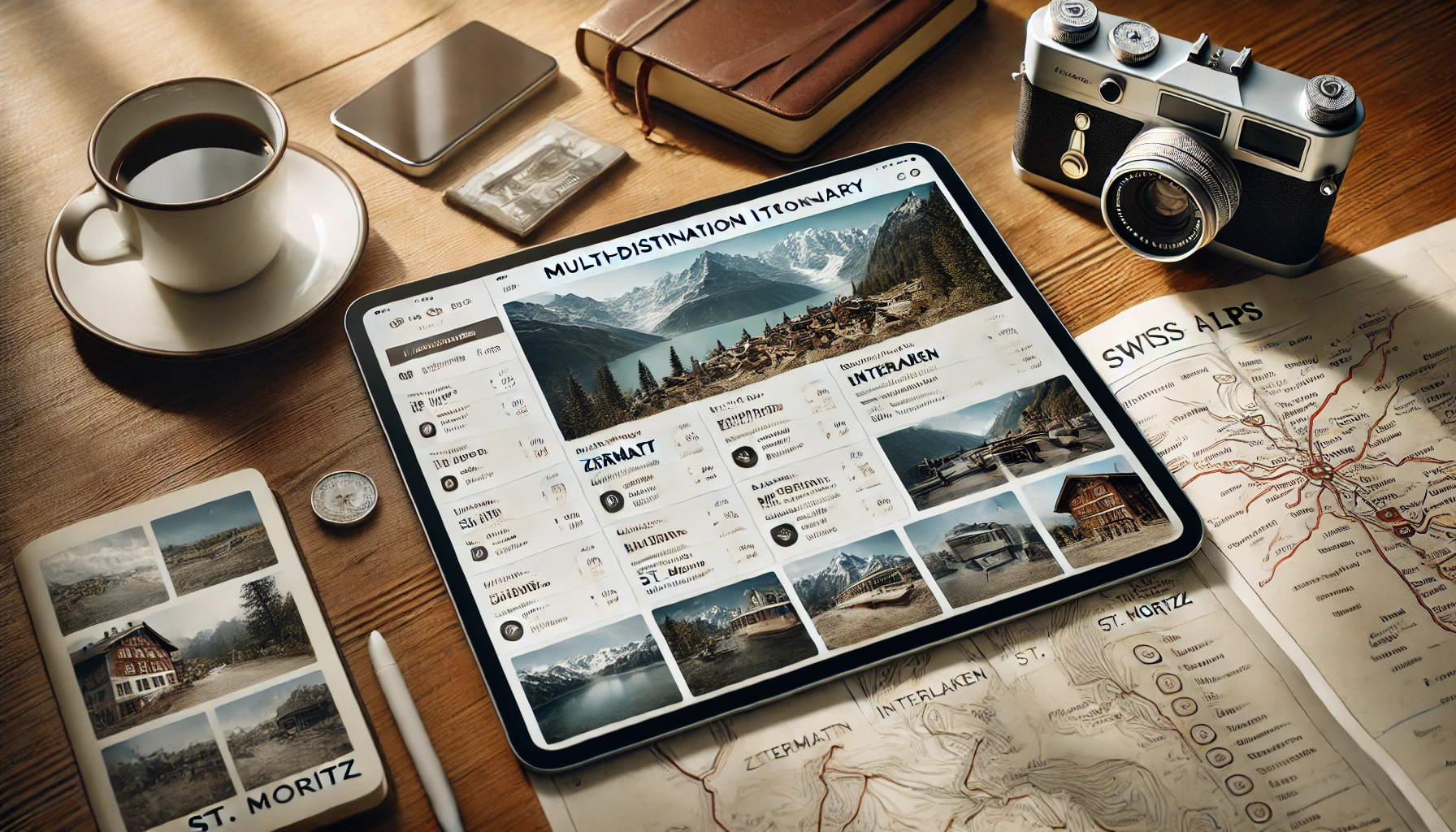 DALL·E 2025-01-07 14.21.28 - A horizontal photo of an iPad displaying a personalized trip itinerary for a multi-destination holiday in the Swiss Alps. The screen shows an organize.png