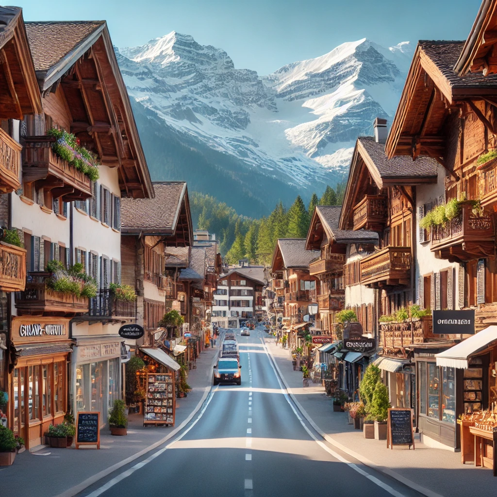 DALL·E 2025-01-18 05.15.51 - A charming alpine village street in Crans-Montana, Switzerland, lined with traditional wooden chalets, boutique shops, and small cafés. The street is .png