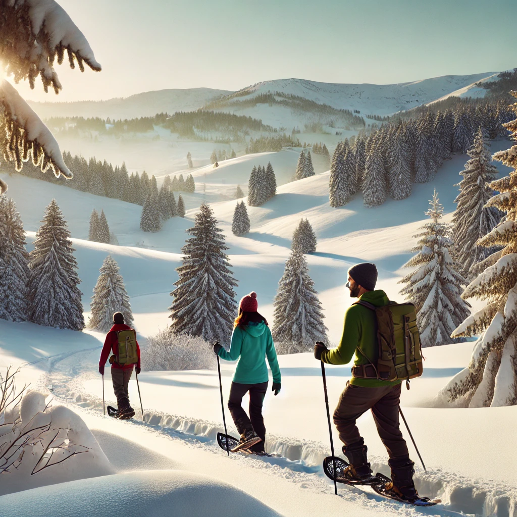 DALL·E 2024-12-28 12.41.31 - A group of three people snowshoeing across the snowy landscape of Semnoz, France, in a serene winter wonderland atmosphere. The scene captures the gro.png