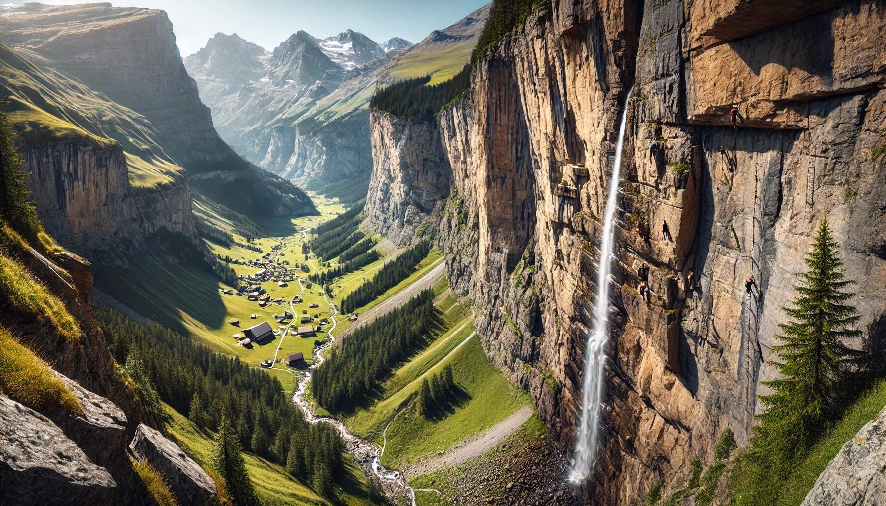 DALL·E 2025-01-09 07.29.19 - A horizontal photo of the Via Ferrata Kandersteg-Allmenalp in the Swiss Alps without climbers or metal holds. The scene features a steep vertical clif.png