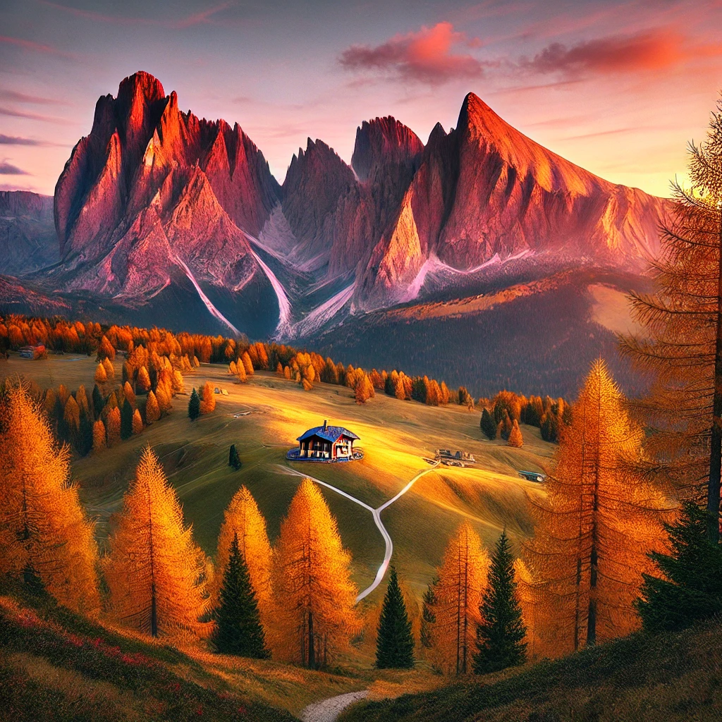 DALL·E 2025-01-17 17.07.55 - A squared image of the Catinaccio (Rosengarten) mountain range in the Dolomites at sunset. The peaks glow with a warm orange-pink hue due to the enros.png