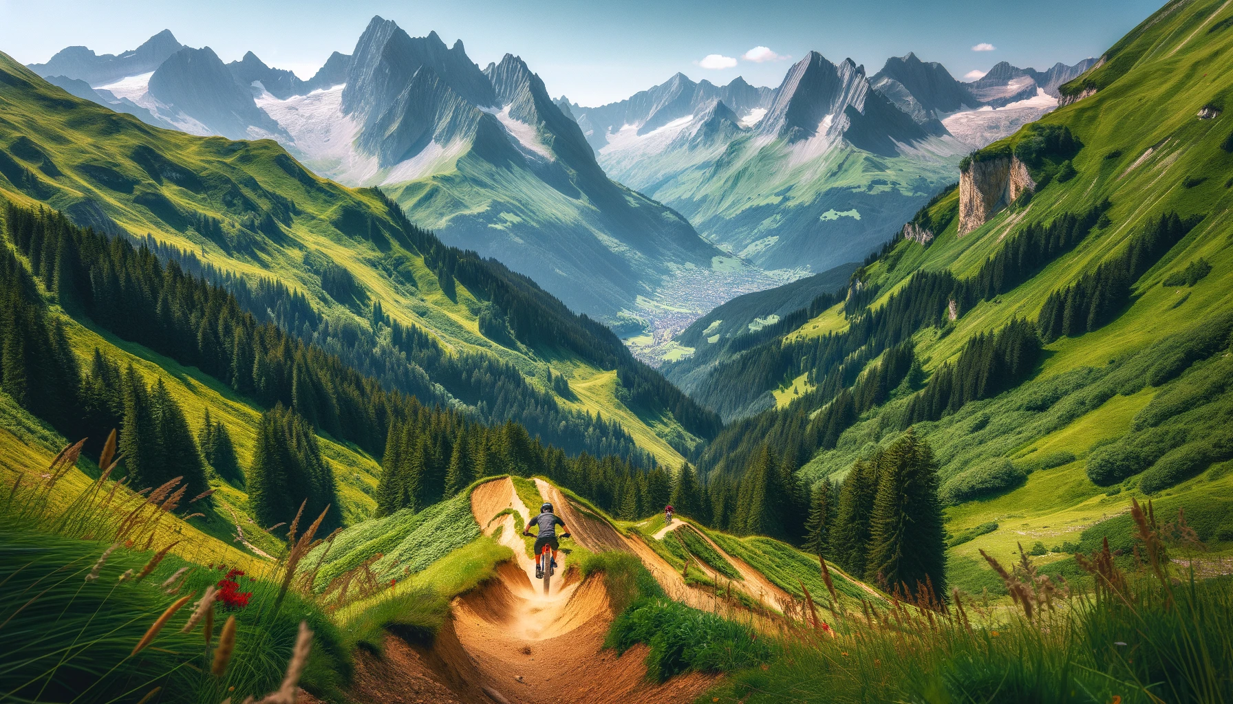DALL·E 2025-01-24 16.27.06 - A panoramic view of a mountain biker riding on a downhill trail in Morzine, France, surrounded by lush green alpine slopes and dramatic mountain peaks.png