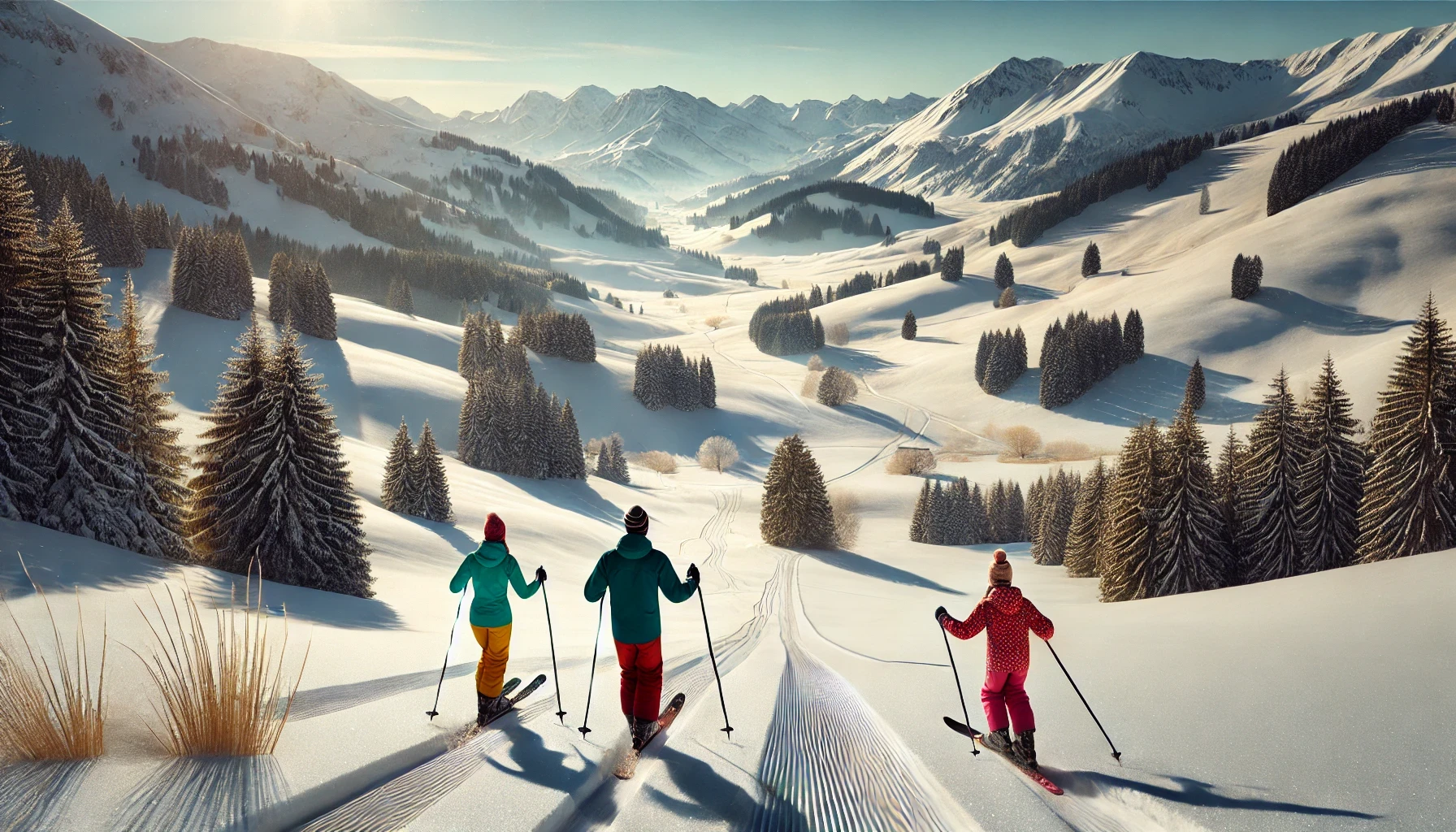 DALL·E 2025-01-15 17.15.03 - A panoramic horizontal photo of a family backcountry skiing in an alpine meadow in the Alps, viewed from the back. The group includes parents and one .png
