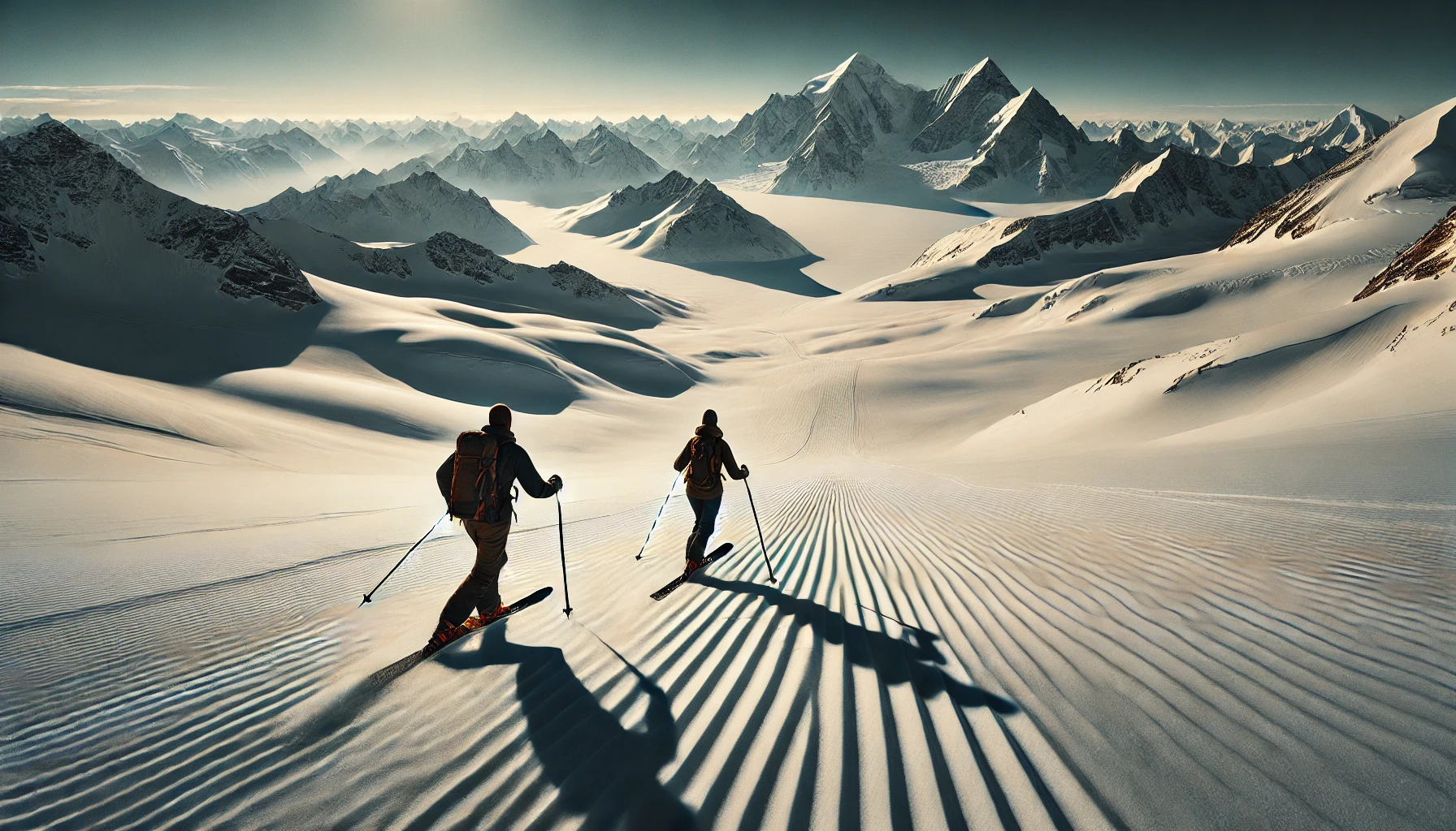 DALL·E 2025-01-15 17.05.18 - A panoramic horizontal photo of a couple backcountry skiing on a high-altitude plateau in the Alps, viewed from the back. The pair is skiing across a .png
