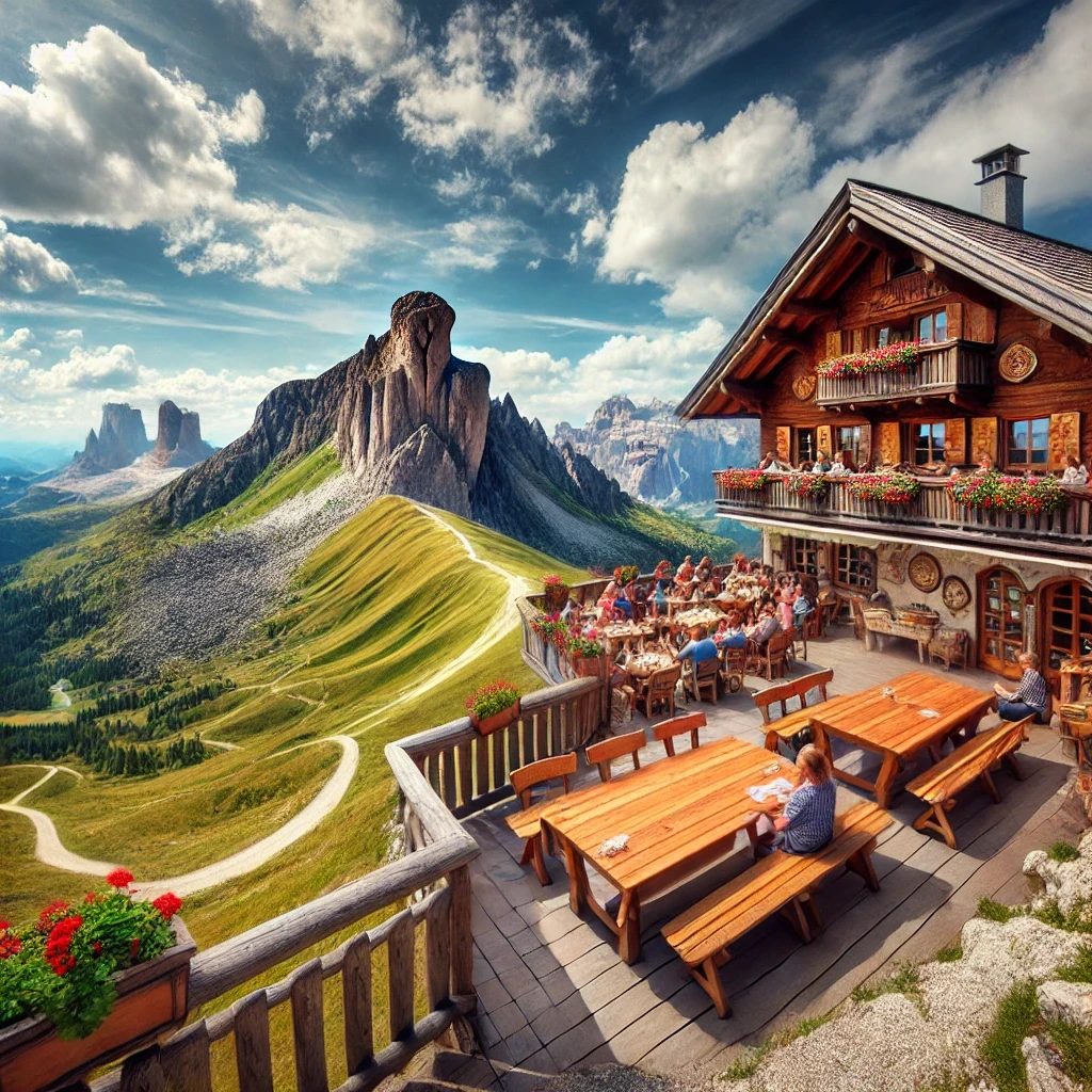 DALL·E 2025-01-17 17.15.00 - A panoramic view of a mountain hut restaurant terrace located in the Dolomites. The terrace features rustic wooden tables and benches with no food or .png
