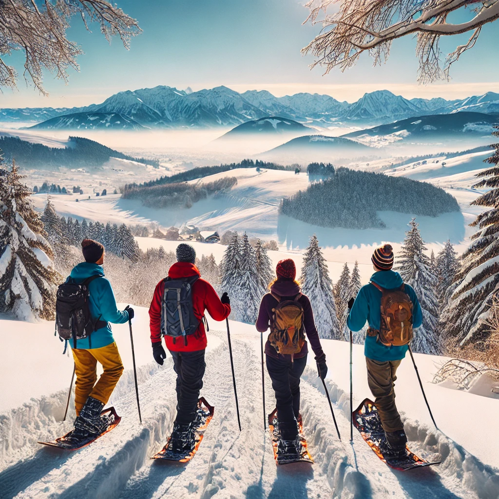 DALL·E 2025-01-02 09.57.00 - Four people snowshoeing at Semnoz in the Haute-Savoie region near Annecy, France. The setting is a beautiful winter day with a clear blue sky and snow.png