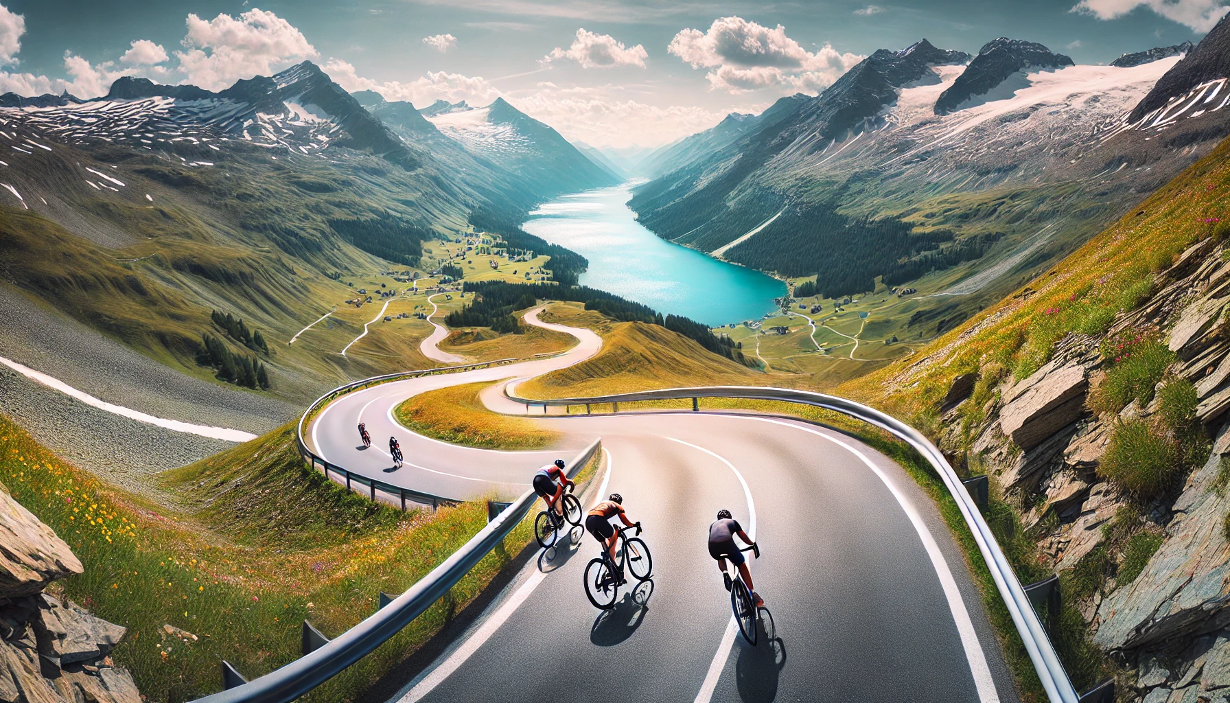 DALL·E 2025-01-08 14.50.23 - A panoramic view of three cyclists riding downhill on a smooth highway in the Engadine region of Switzerland. The scene features a wide, winding road .png