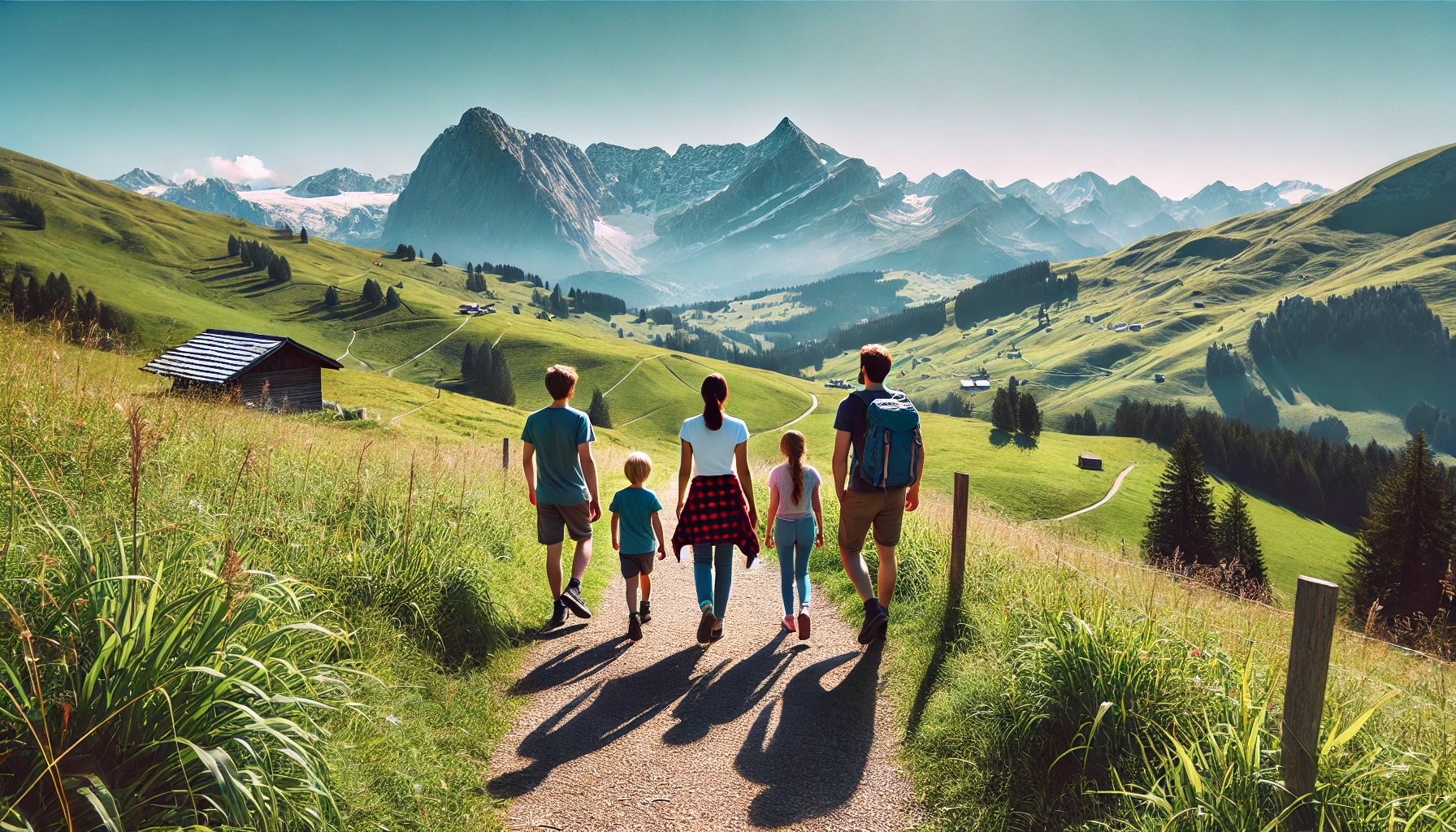 DALL·E 2025-01-06 14.53.29 - A panoramic horizontal image showcasing a family hiking in the Alps on a sunny day, viewed from the back. The scene features parents and children walk.png