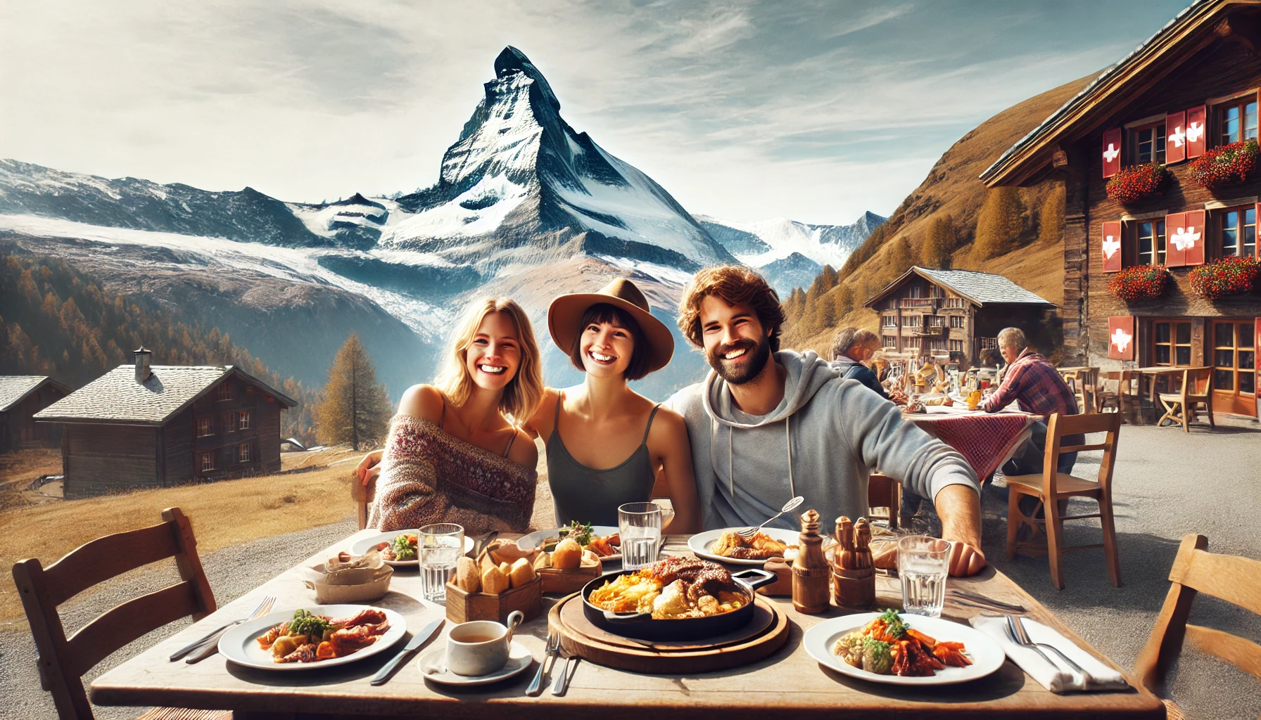 DALL·E 2025-01-07 14.33.42 - A horizontal photo of a group of three friends enjoying a meal at a cozy mountain restaurant in Zermatt, Switzerland. The group is seated at an outdoo.png
