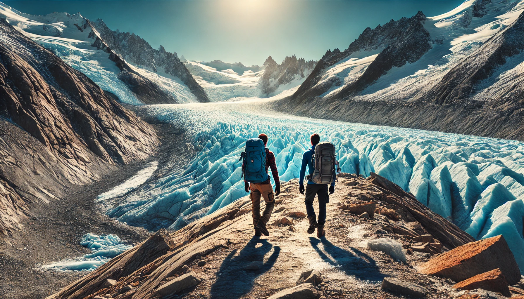 DALL·E 2025-01-06 14.28.40 - A horizontal image showcasing two hikers walking near a glacier in the Alps on a sunny day. The hikers, dressed in sturdy outdoor clothing, are follow.png