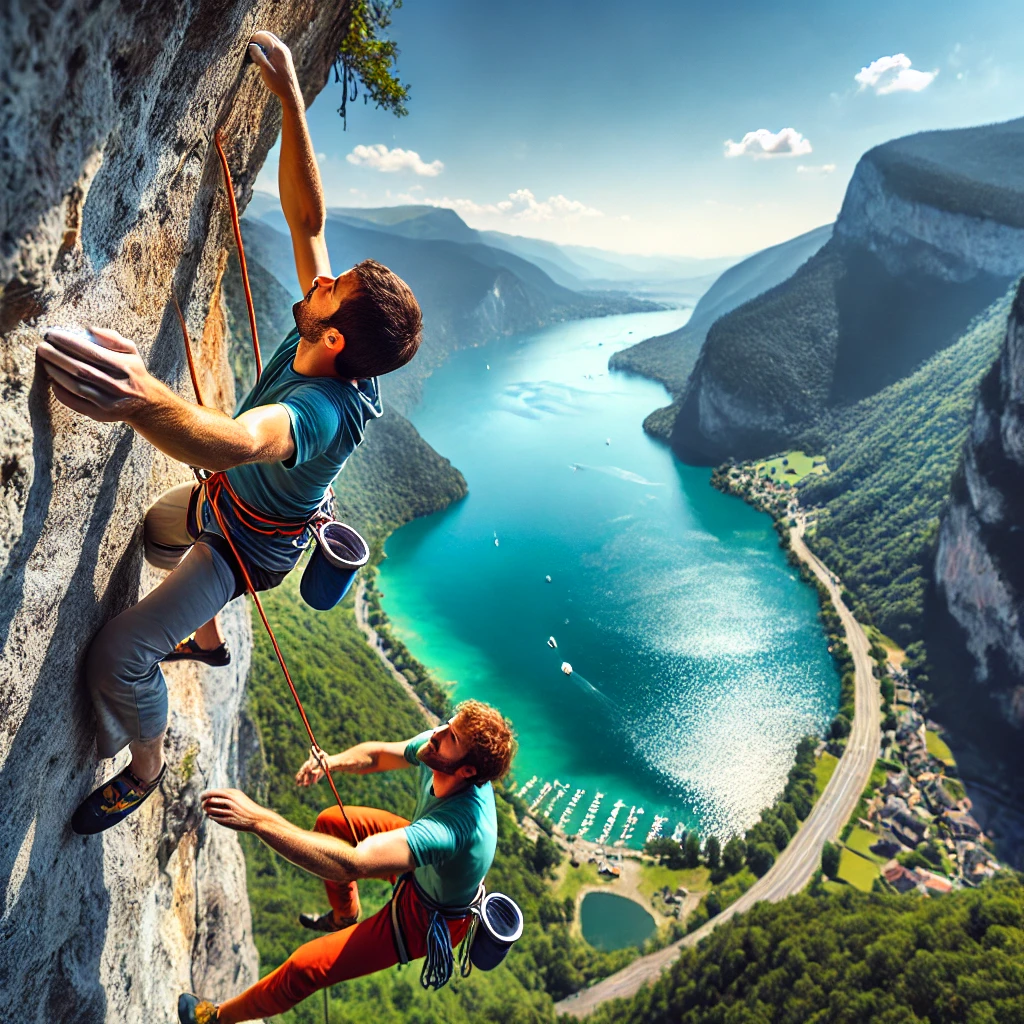 DALL·E 2025-01-02 09.29.54 - Two people rock climbing on a cliff overlooking the scenic Lake Annecy in France. The setting is a sunny day with clear blue skies and the lake's turq.png