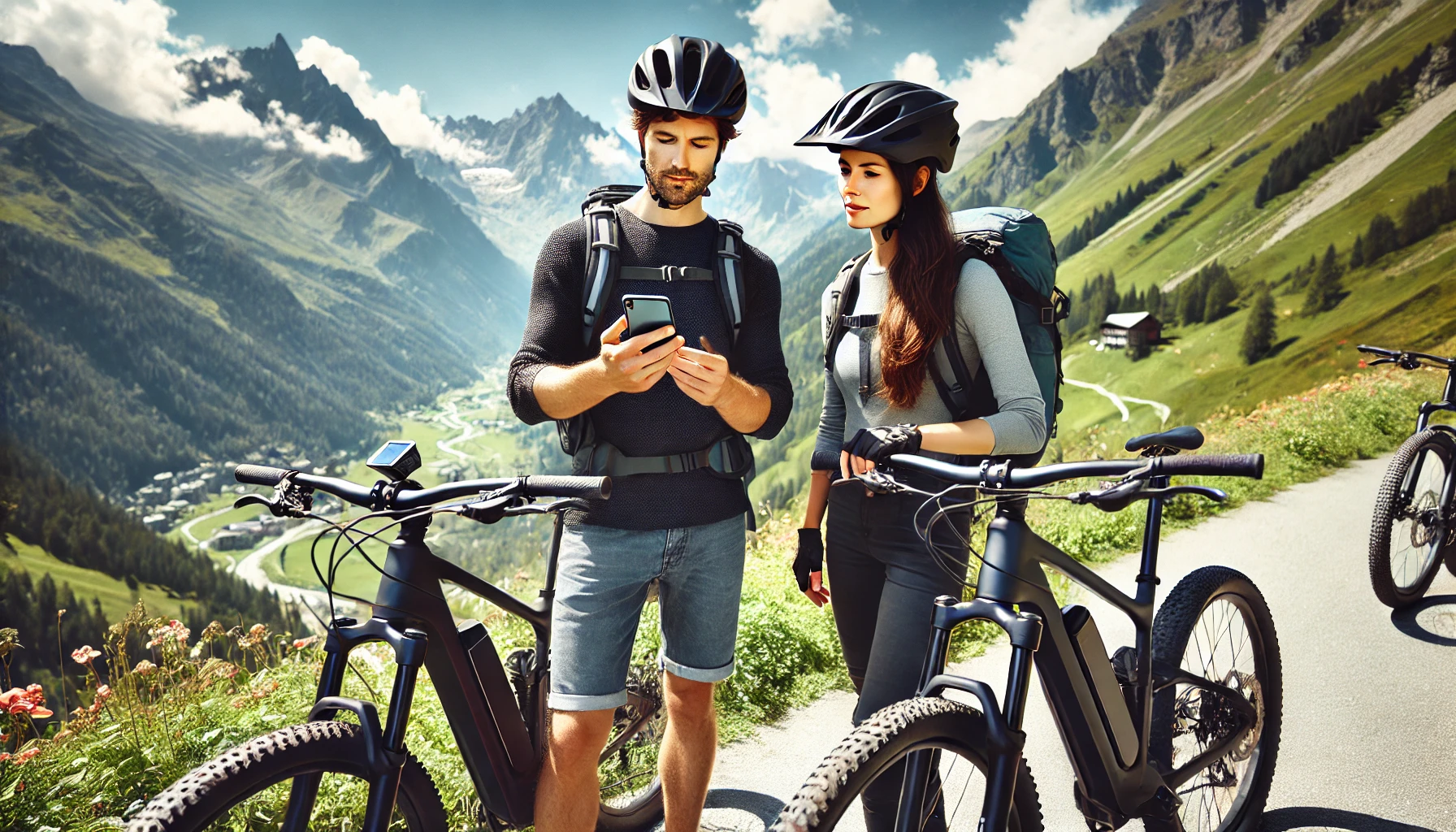 DALL·E 2025-01-09 11.56.56 - A horizontal photo of a couple with e-bikes arriving at the start point of a scenic route in the valleys of Chamonix. The couple is dressed in modern,.png