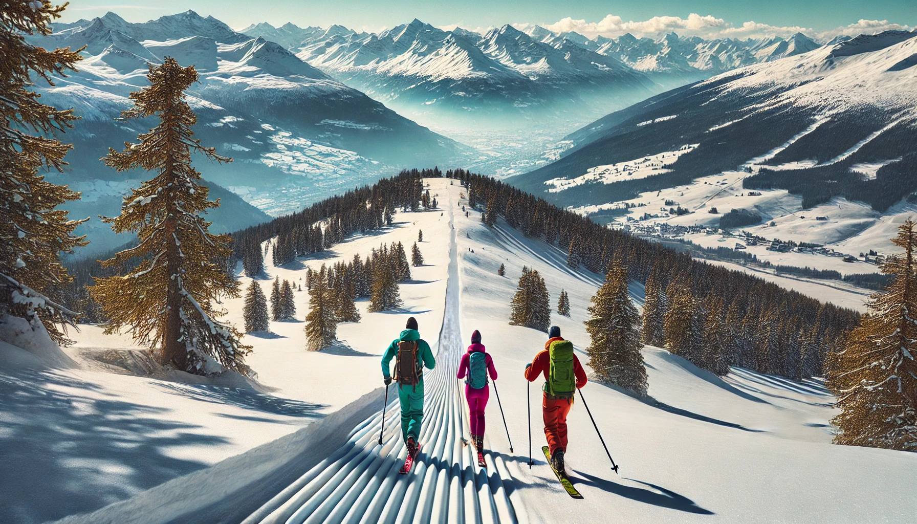 DALL·E 2025-01-15 17.26.45 - A panoramic horizontal photo of three backcountry skiers in Crans-Montana, Switzerland, viewed from the back. The group is skiing along a wide, groome.png