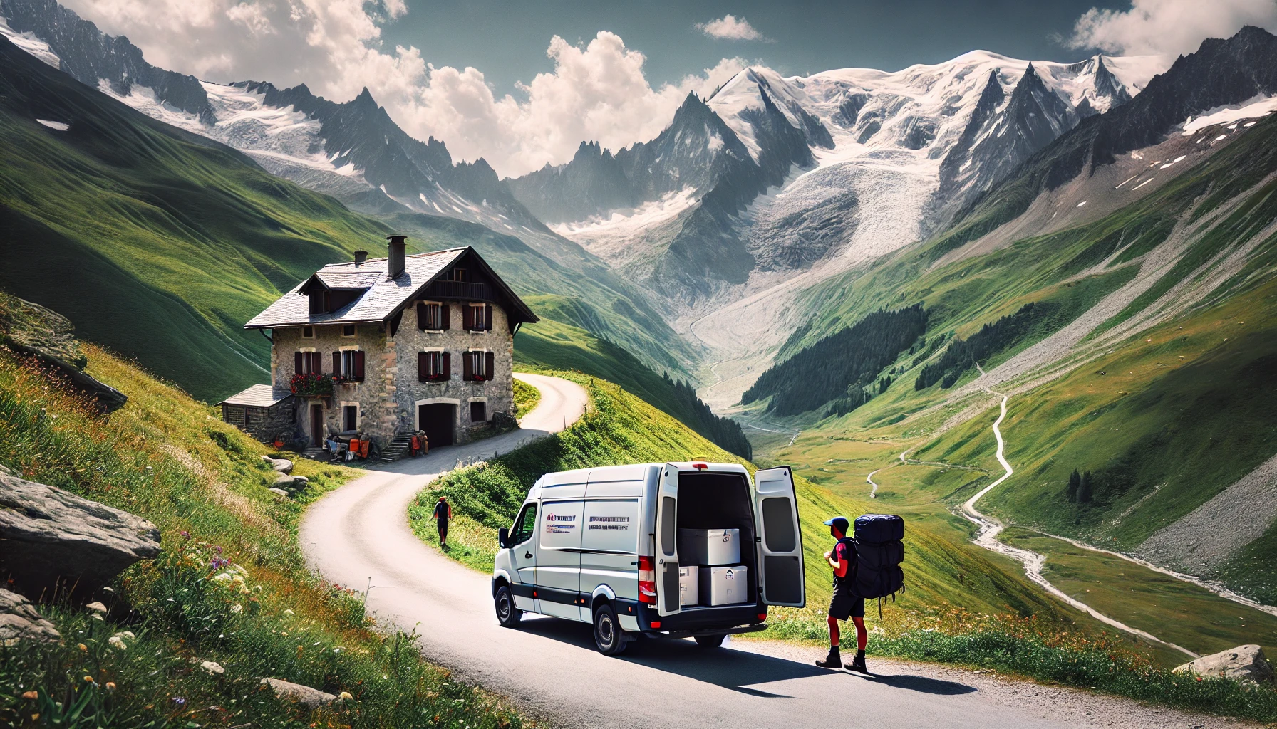 DALL·E 2025-01-08 17.16.55 - A scenic view of hikers on the Tour du Mont Blanc trail, with a small van parked on a nearby road delivering one or two pieces of luggage to a mountai.png