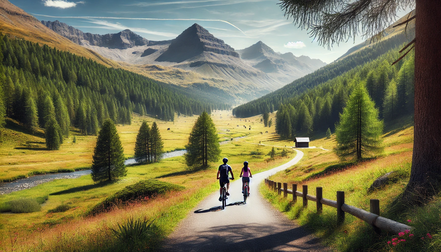 DALL·E 2025-01-02 13.01.56 - A scenic horizontal view of two people riding bicycles in the Swiss National Park near St. Moritz in the Engadine Valley, Switzerland. The scene featu.png
