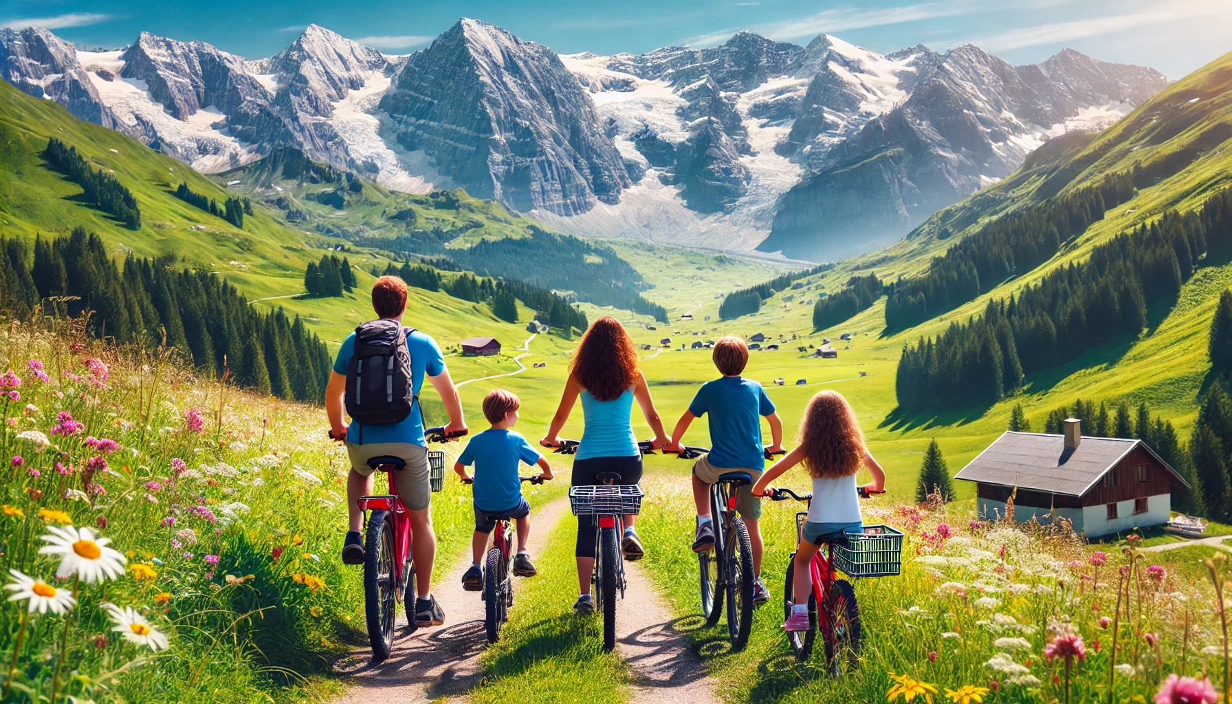 DALL·E 2025-01-06 12.54.09 - A horizontal image of a family with three kids biking in the Alps, viewed from behind to showcase the expansive alpine environment. The parents and ki.png
