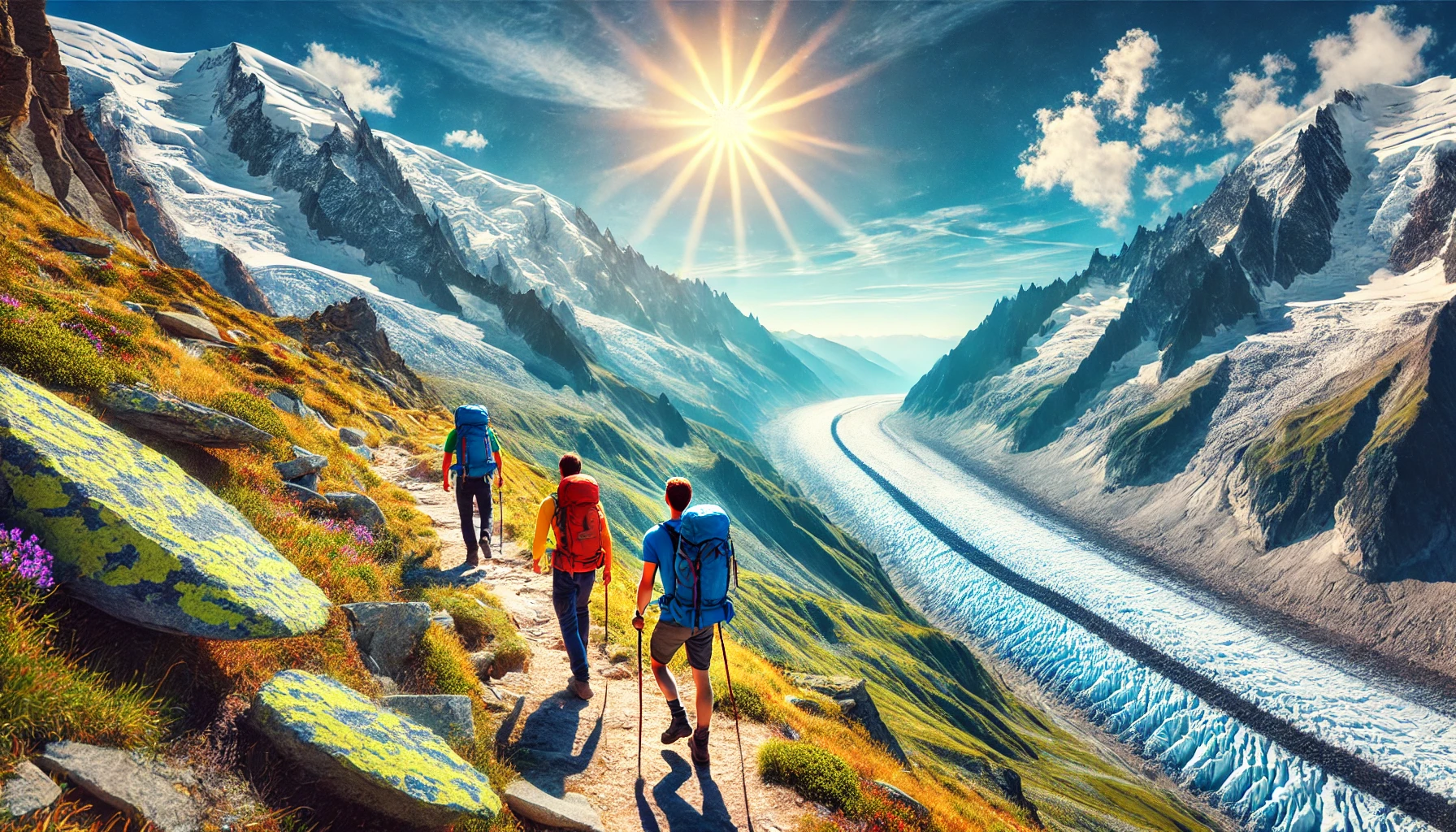 DALL·E 2024-12-24 12.44.12 - A vibrant scene of three hikers on the Grand Balcon Nord trail in Chamonix Mont Blanc on a sunny, clear day. The hikers are dressed in colorful outdoo.png