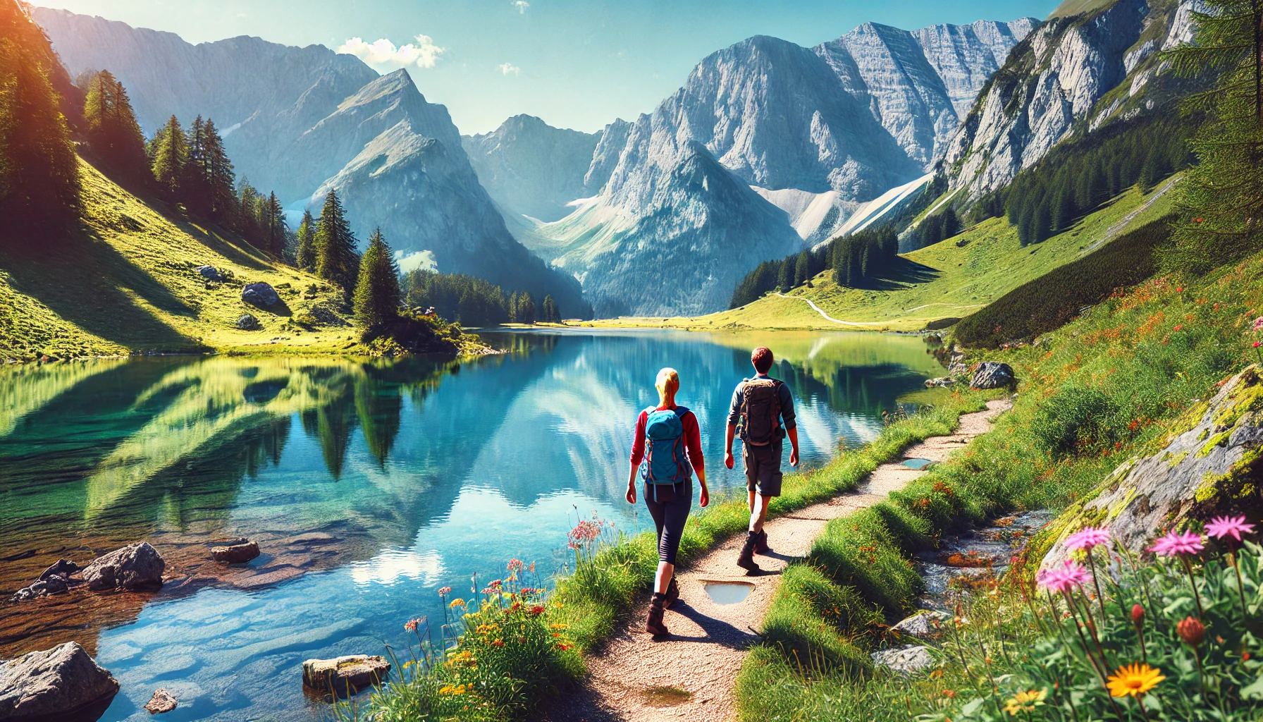 DALL·E 2025-01-06 14.28.43 - A horizontal image showcasing two hikers walking along a serene lakeside trail in the Alps on a sunny day. The hikers, dressed in colorful outdoor clo.png