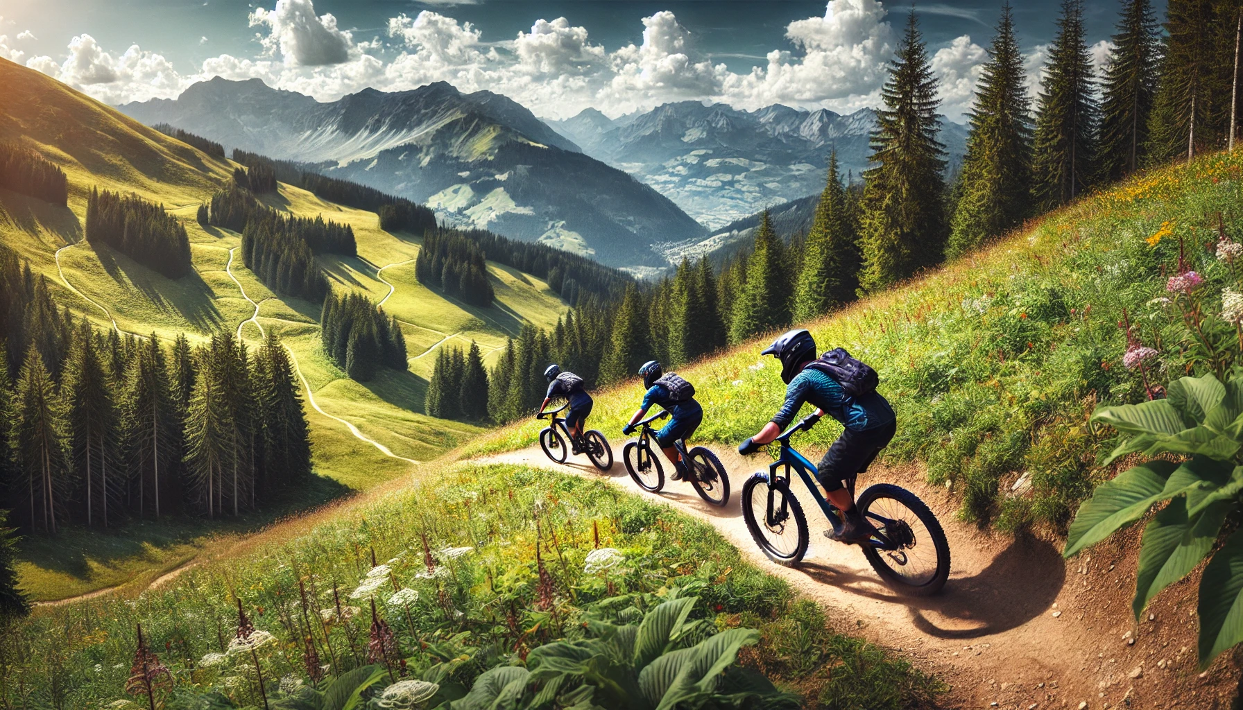 DALL·E 2025-01-06 12.55.27 - A horizontal image of a dedicated group of three mountain bikers riding down a trail in the Les Gets Bike Park in the French Alps. The riders are navi.png