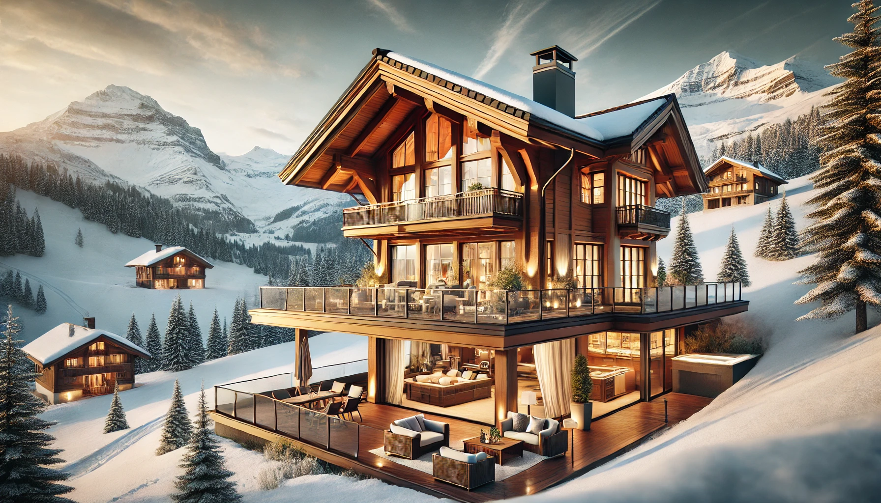 DALL·E 2025-01-24 15.30.24 - A luxurious Swiss mountain chalet set in a serene alpine environment, designed for the upscale market. The chalet is constructed with rich wooden beam.png
