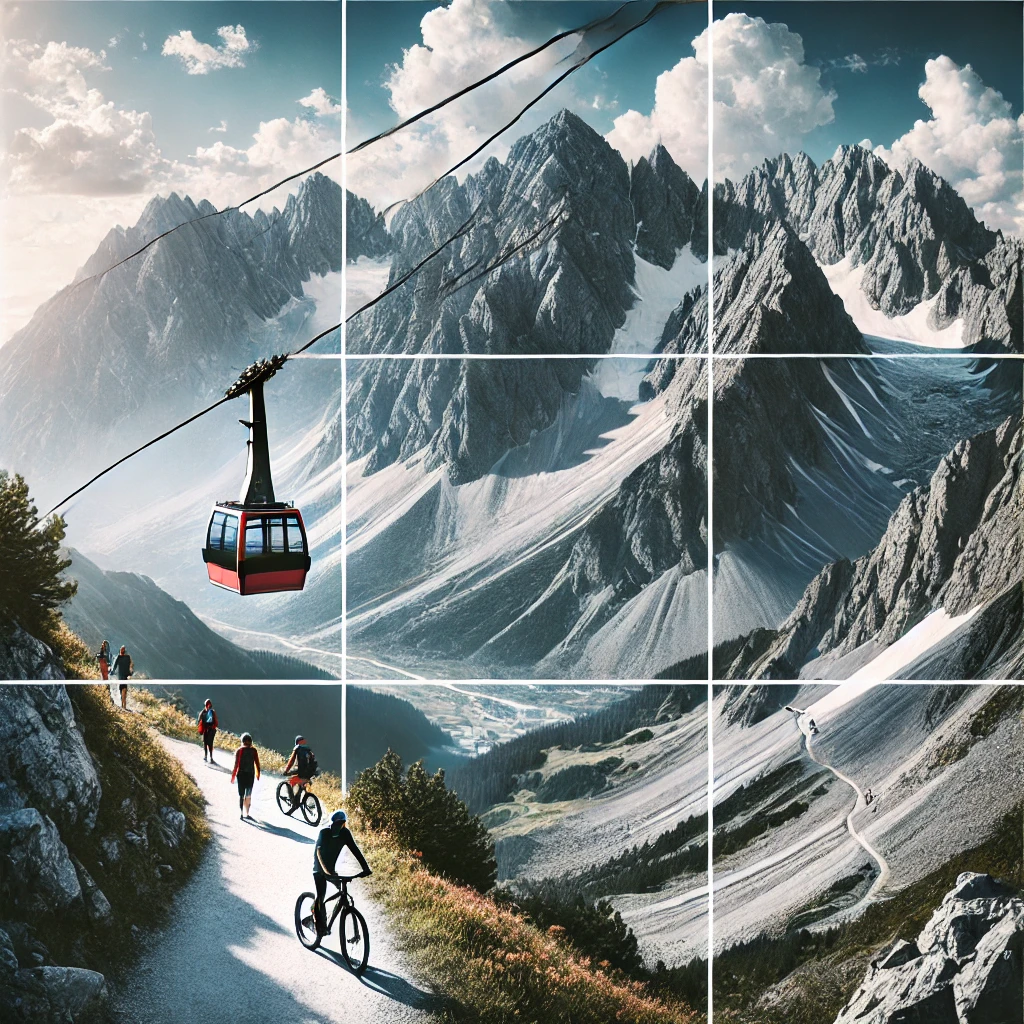 DALL·E 2025-01-17 08.41.30 - A square image of the Nordkette mountain area near Innsbruck, showcasing dramatic alpine peaks, hiking trails, and a cable car ascending the mountains.png