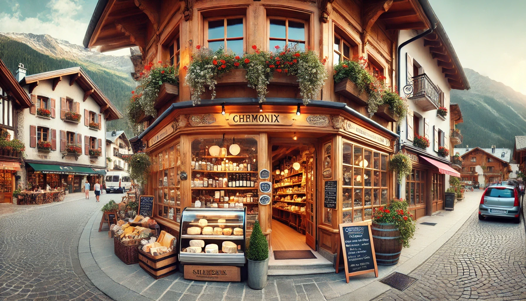 DALL·E 2025-01-09 11.15.28 - A horizontal view of a charming local shop in the heart of Chamonix village, designed in traditional Alpine style. The shop has a wooden exterior ador.png