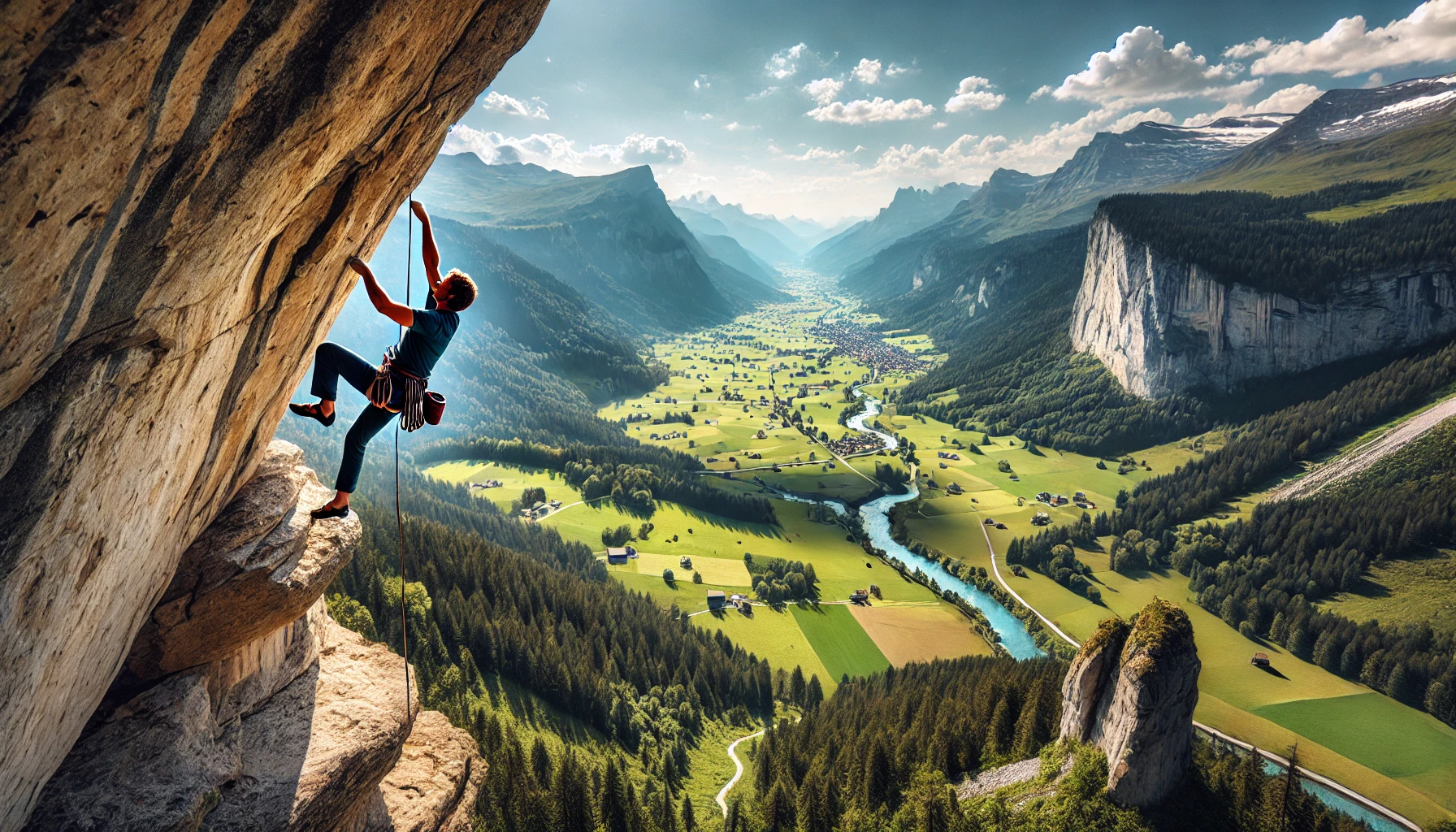 DALL·E 2025-01-09 06.56.34 - A horizontal photo of rock climbing in Crans-Montana, Switzerland. A climber is scaling a limestone crag with panoramic views of the Rhône Valley and .png