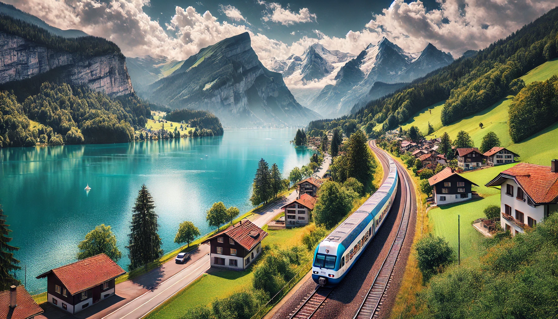 DALL·E 2025-01-10 06.31.09 - A wide horizontal panoramic image of the Lucerne Interlaken Express train route. The scene features the train traveling alongside Lake Brienz, with it.png