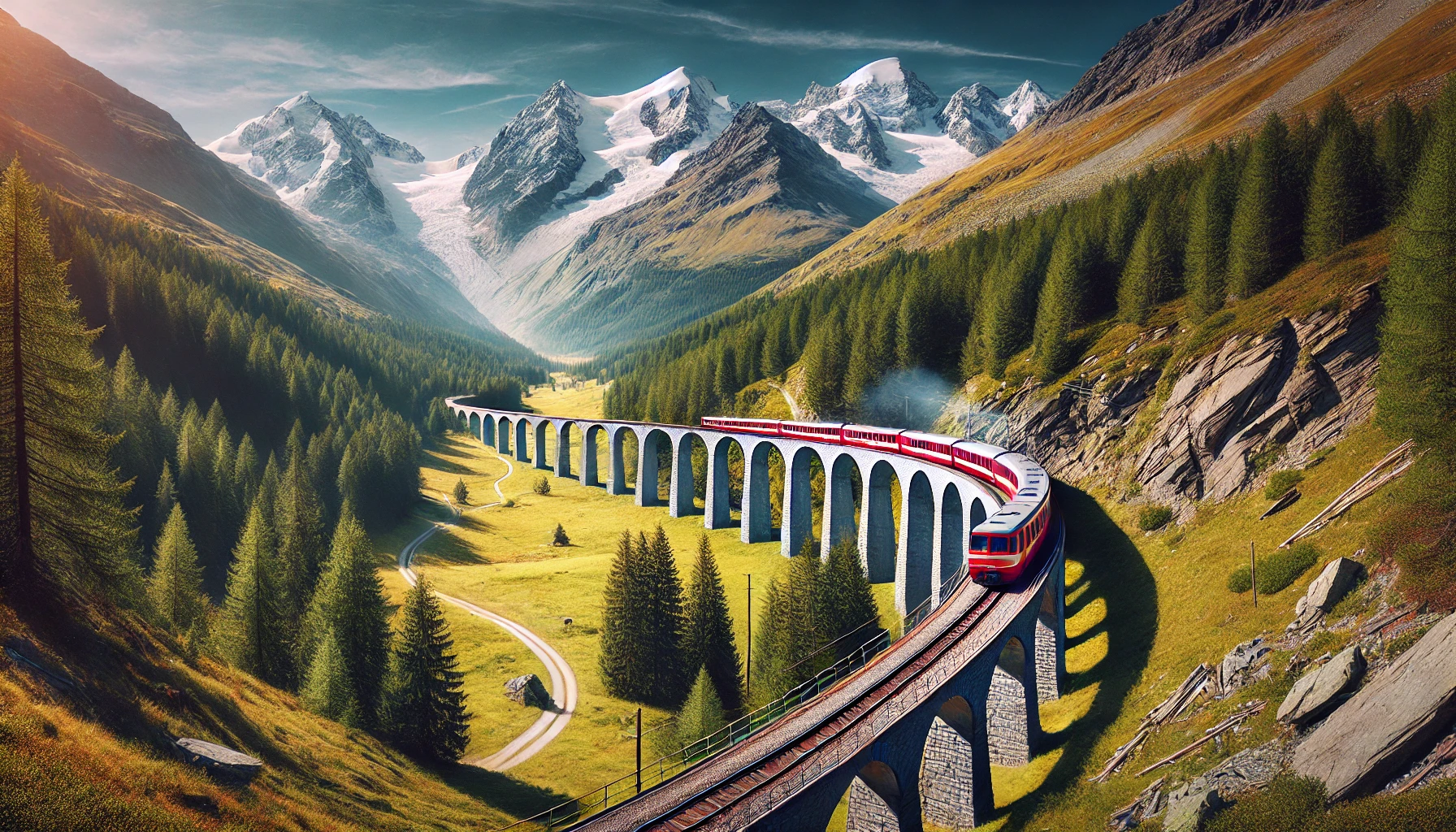DALL·E 2025-01-10 06.31.05 - A wide horizontal panoramic image of the Bernina Express train route. The scene features the train crossing the iconic curved Landwasser Viaduct, surr.png