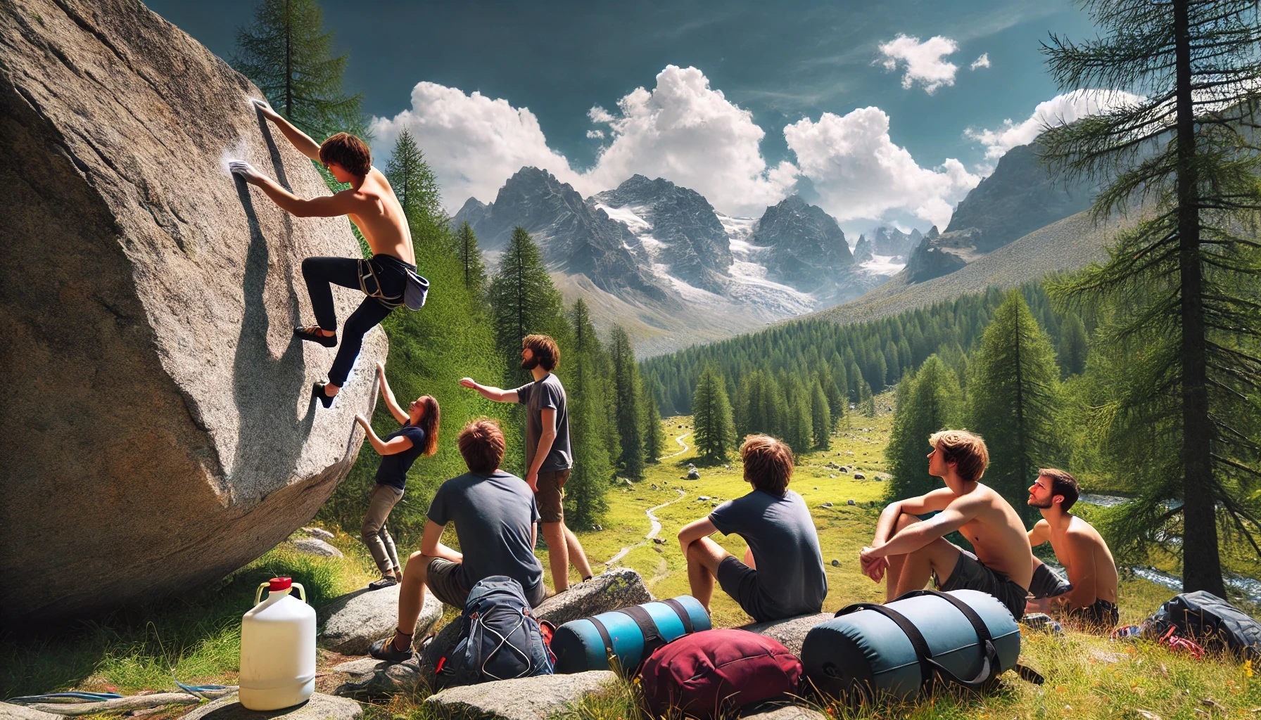 DALL·E 2025-01-09 06.23.55 - A horizontal photo of a group of young travelers bouldering in the Alps. The scene shows one climber on a granite boulder, mid-climb, with friends spo.png