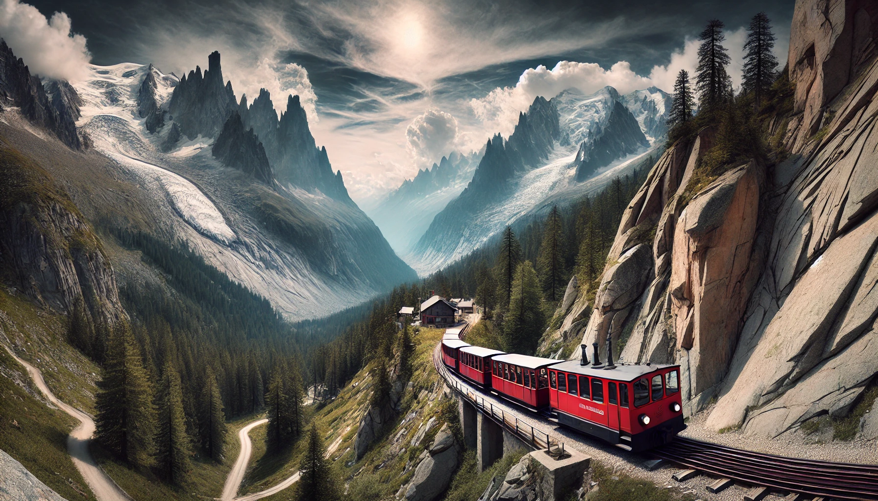 DALL·E 2025-01-10 06.35.07 - A wide horizontal panoramic image of the Montenvers train route. The scene features the historic red cogwheel train ascending a steep track through a .png