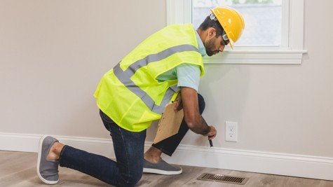 Home inspector checking flooring and wall conditions during a property inspection.