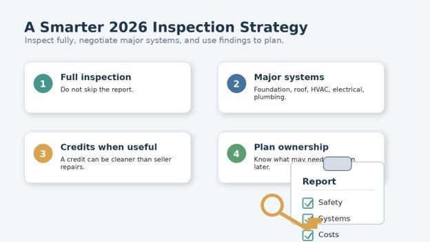 Four-step home inspection strategy graphic for Mansfield buyers in 2026.