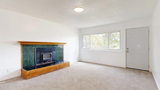 Bright, empty living room with fireplace and natural light prepared for real estate photos.
