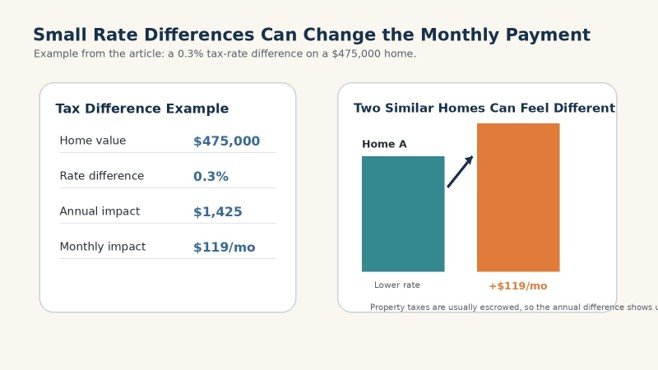 Custom calculator graphic showing that a 0.3 percent property tax difference on a 475000 dollar home equals about 119 dollars per month.