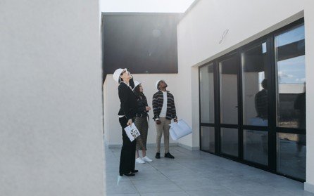 Real estate professionals objectively assessing a property with paperwork and plans.