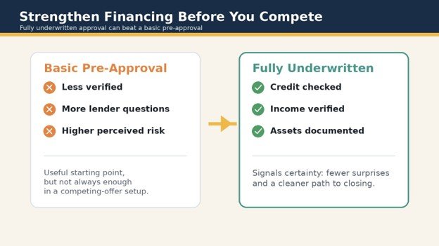 Custom graphic comparing basic pre-approval with fully underwritten approval for a Mansfield multiple-offer home purchase.