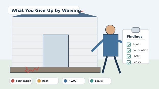 Illustration of a home inspector finding foundation and roof issues during a buyer inspection.