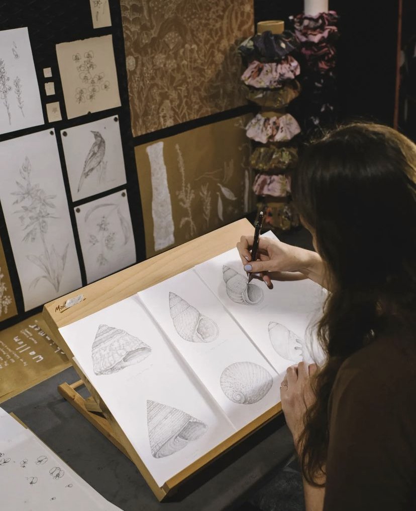 Close up of an artist, looking over her shoulder at a series of sea shell drawings.