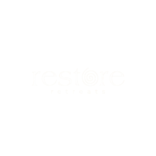 Logo for Restore Retreats with the word 'restore' and a spiral design inside the letter 'o' on a black background.