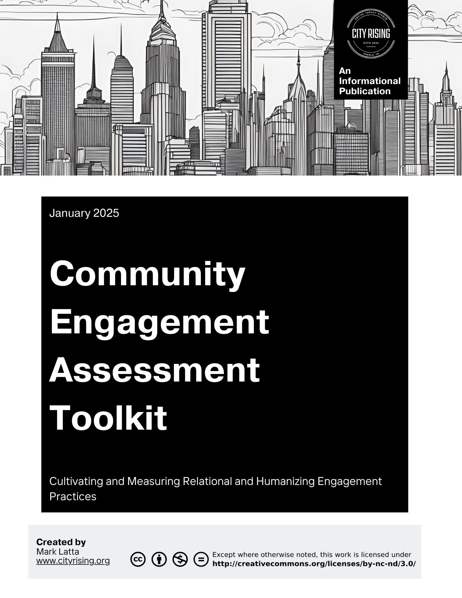 Cover page of an informational publication titled 'Community Engagement Assessment Toolkit' with a black and white city skyline illustration and the logo 'City Rising.'
