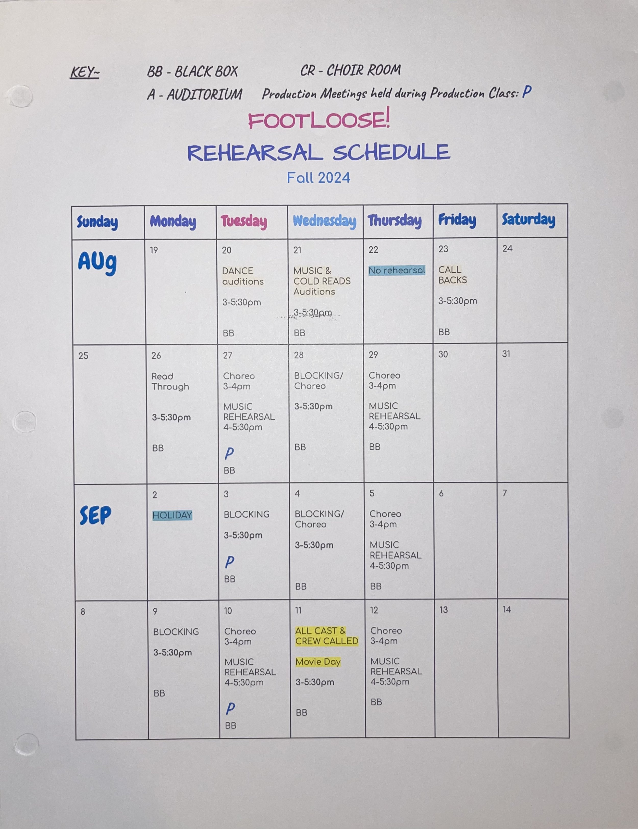 Rehearsal Schedule - created by Kylie Sopher