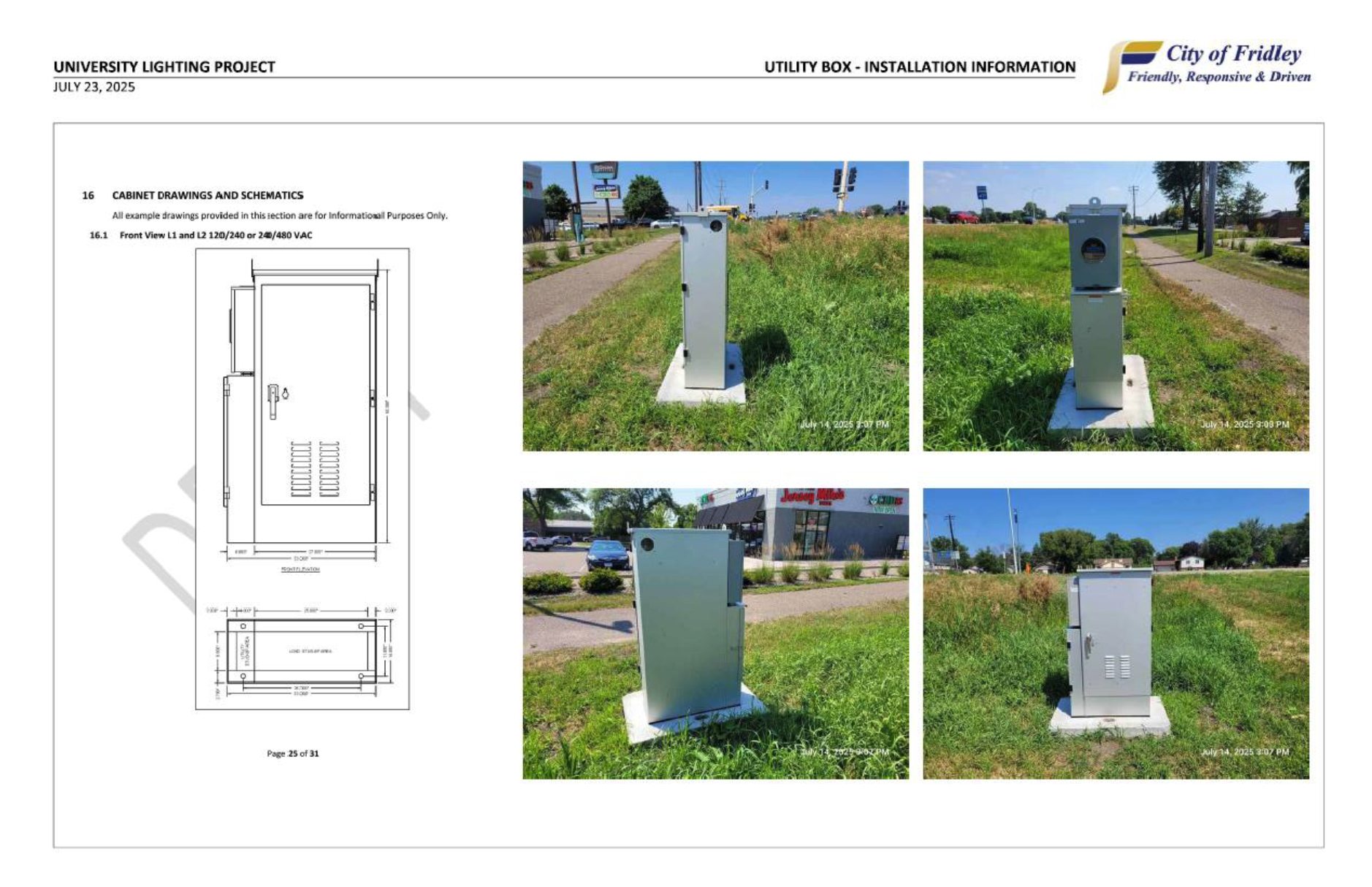 Utility box installation reference showing four views of an electrical cabinet along University Avenue in Fridley, alongside cabinet drawings and dimensions.
