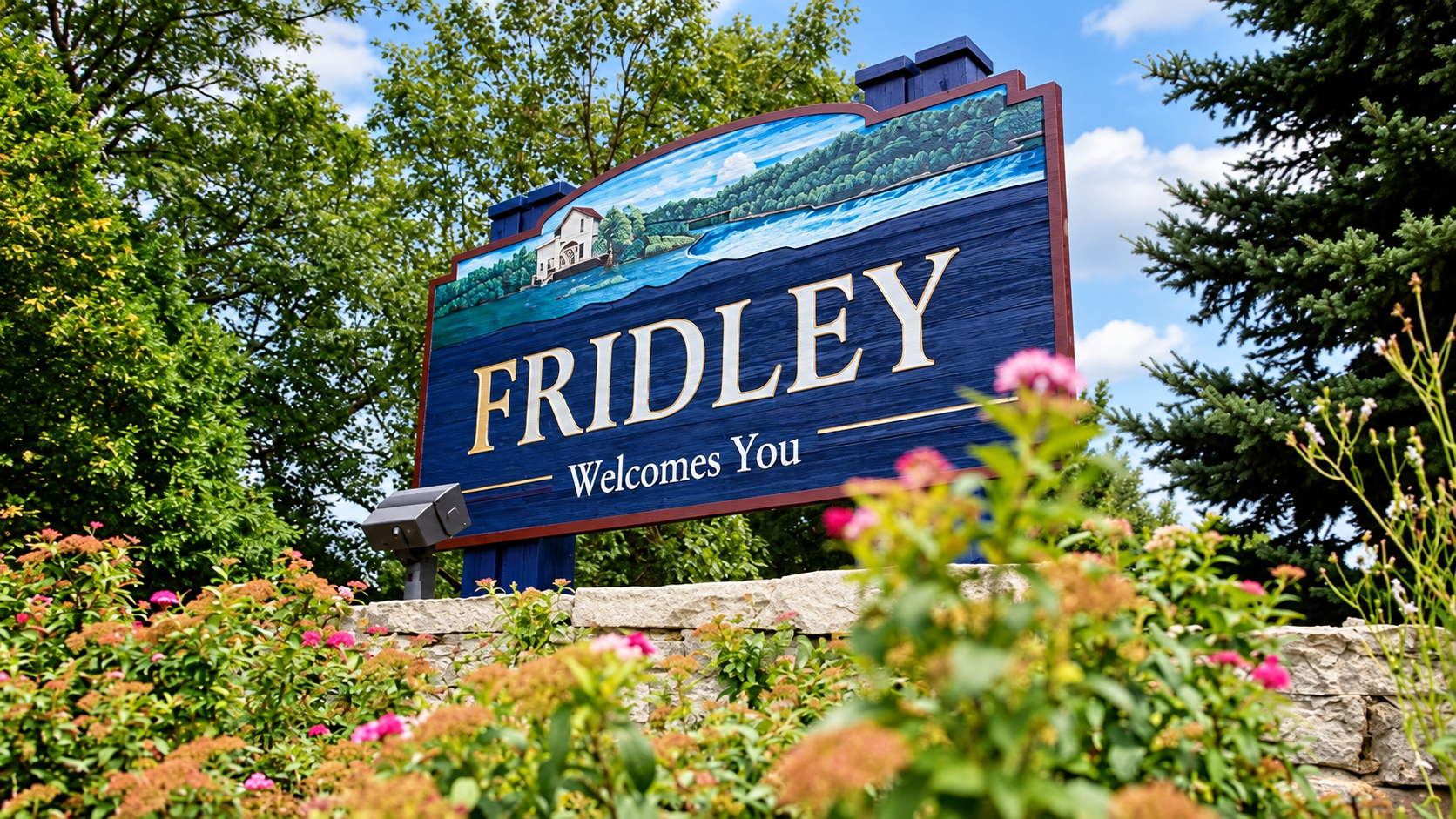 Fridley “Welcomes You” entry monument surrounded by flowers and trees, featuring a painted river scene and large Fridley lettering.