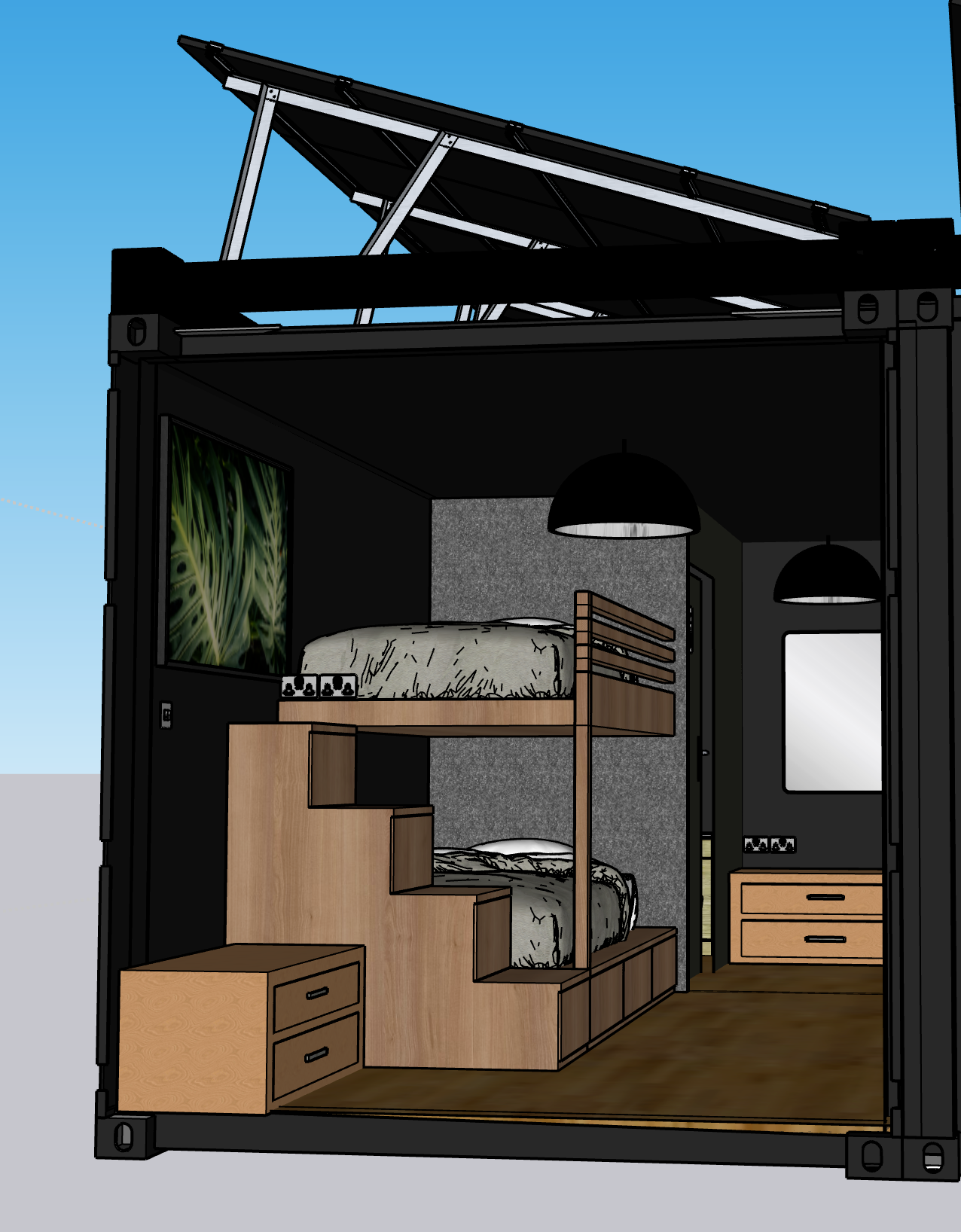 Interior of a compact living space with black walls, twin beds stacked with storage steps, a small desk with drawers, a mirror, and modern lighting fixtures.