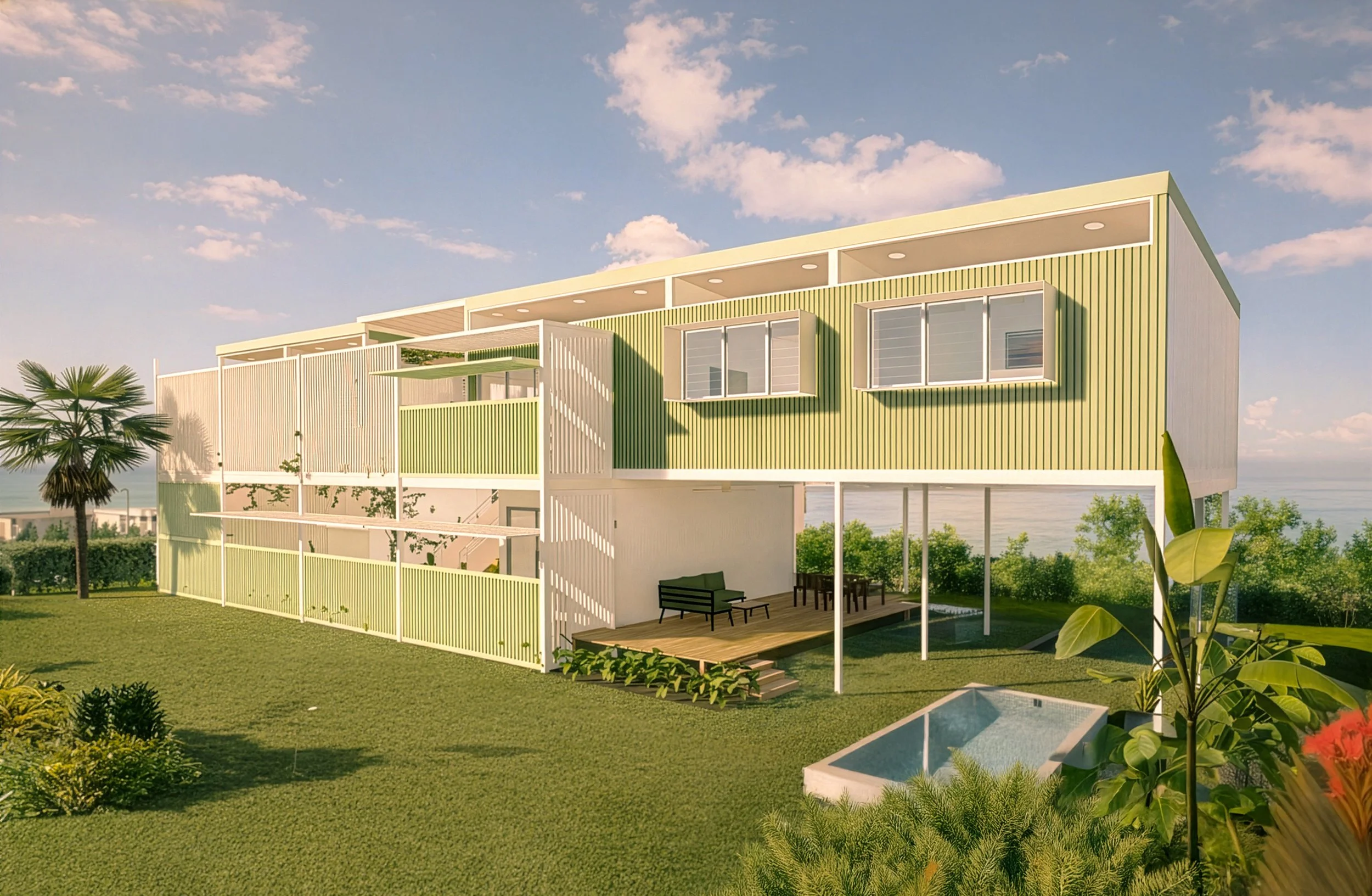 Rear exterior of Burleigh Heads showing elevated living areas, covered deck, lawn and pool