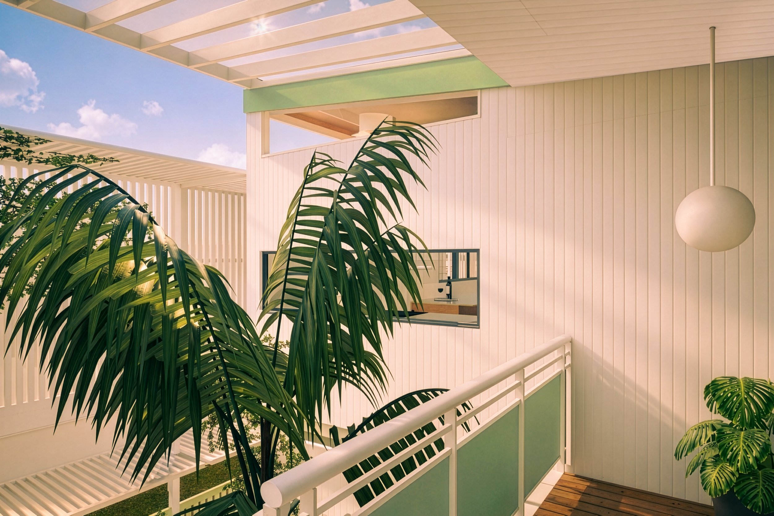 Internal courtyard at Burleigh Heads showing open-air circulation, layered outdoor spaces and flexible family living