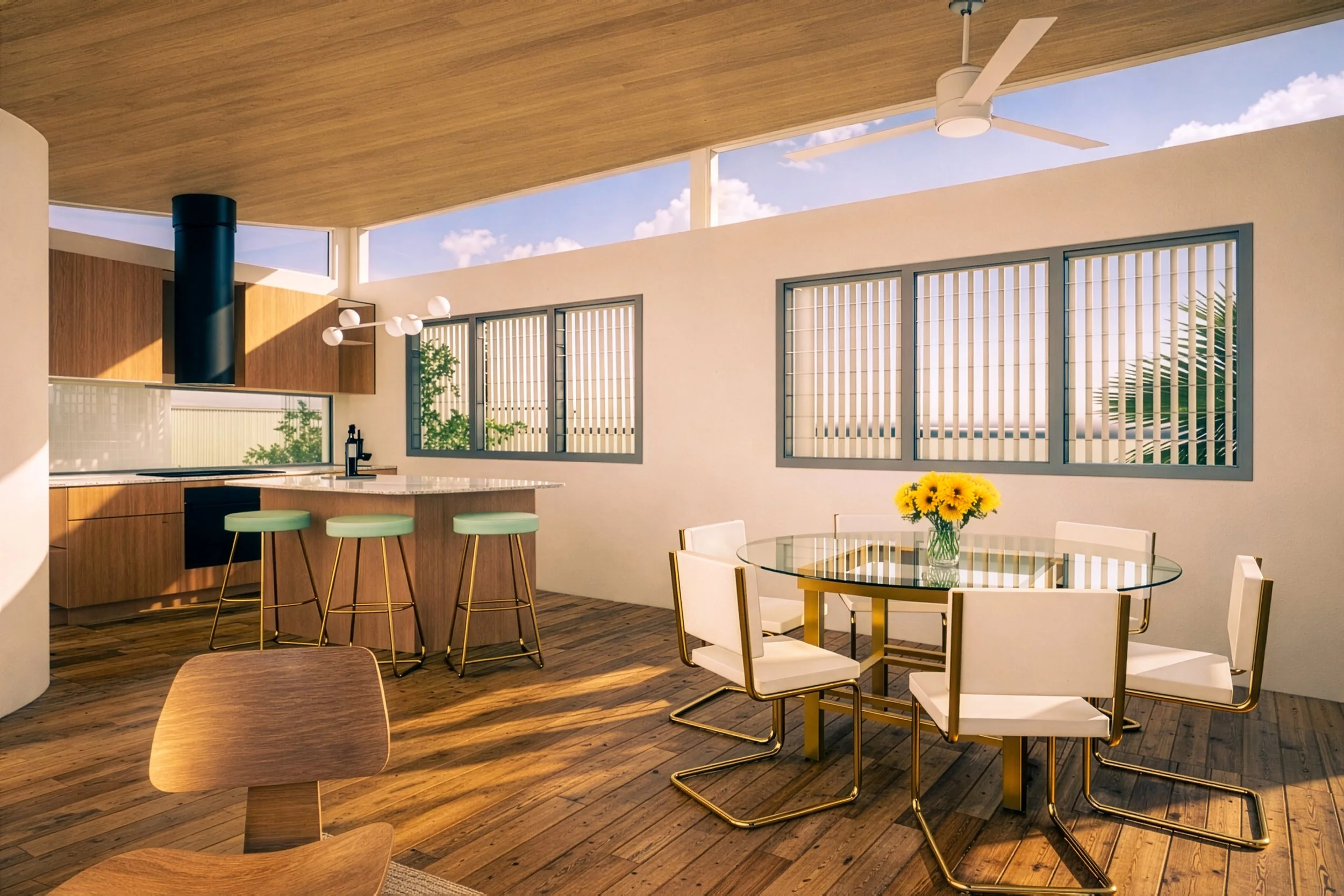 Open-plan kitchen and dining space at Burleigh Heads with timber floors, raked ceiling, louvres, clerestory windows and screens