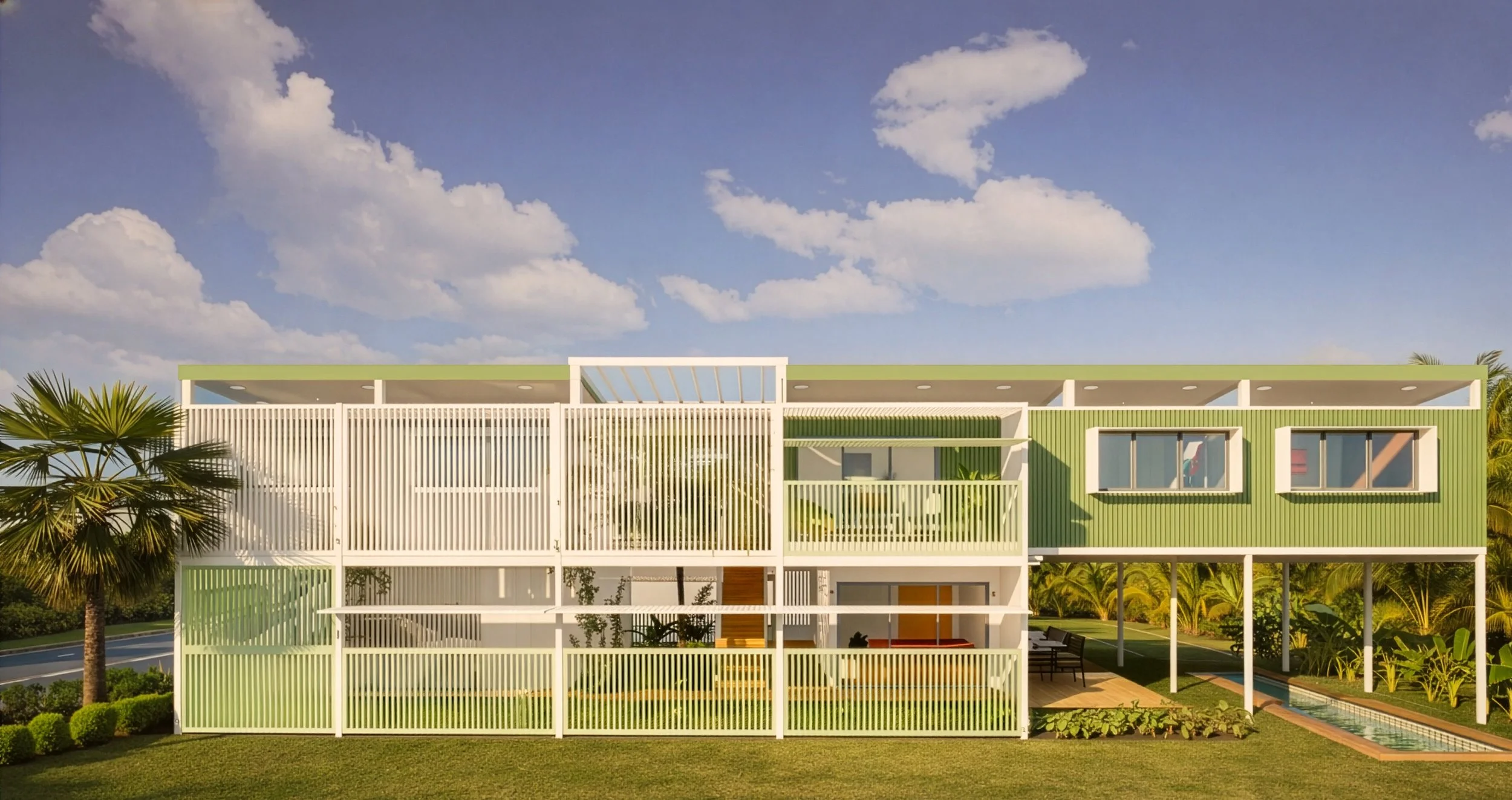 Burleigh Heads by Goldie Homes, a two-storey family home with screened facade, green cladding and tropical landscaping