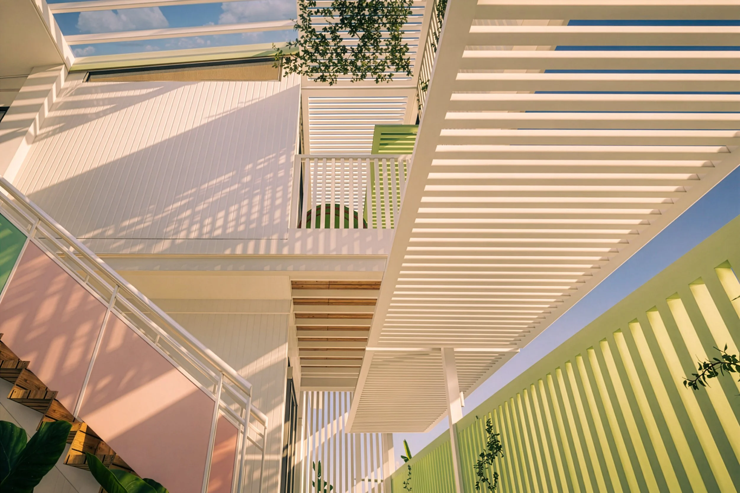 Internal breezeway and stair at Burleigh Heads showing screened walkways, open-air circulation and layered outdoor spaces